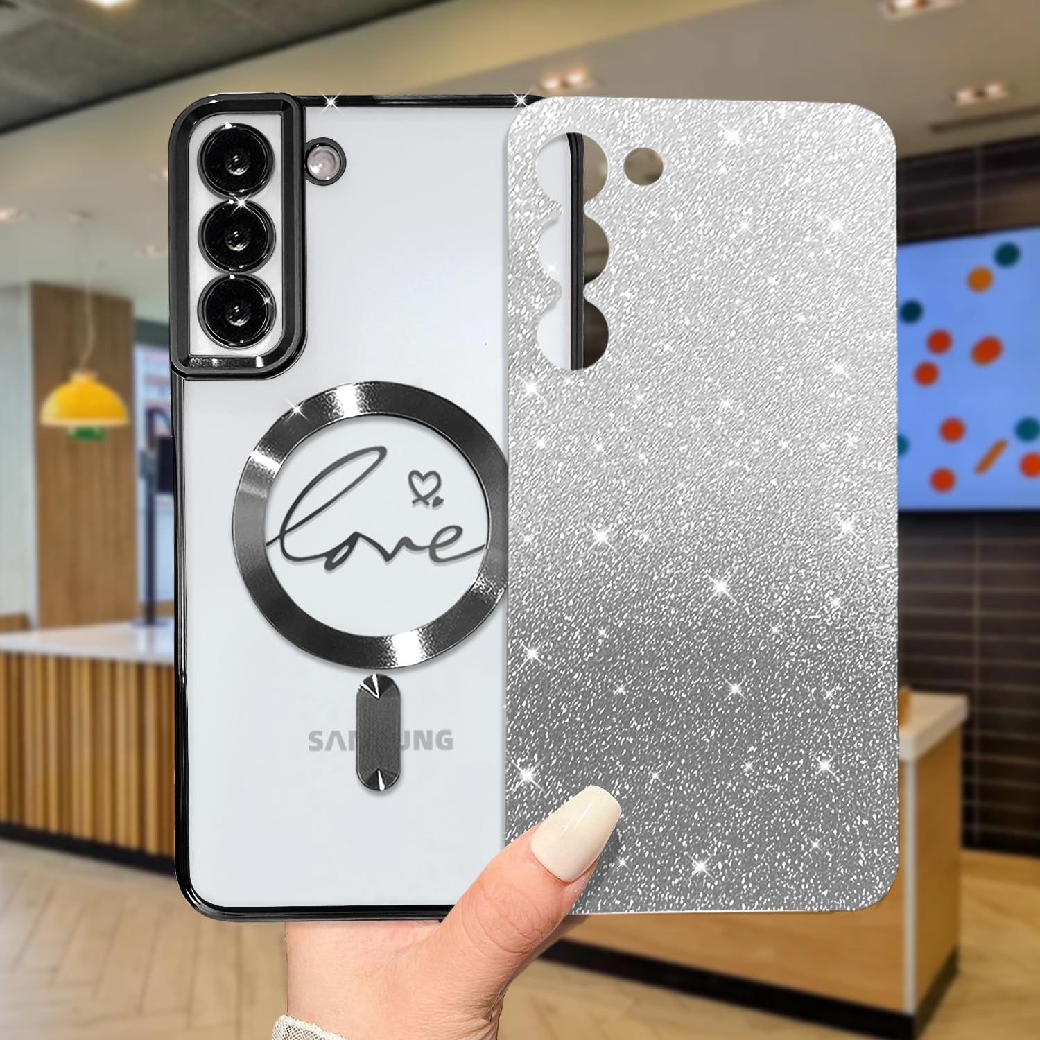 Zonrw For Samsung Galaxy S21 Plus Case Magnetic,For Women Girl Soft Cute Luxury Love Heart Plating Bling Gradient Glitter Clear