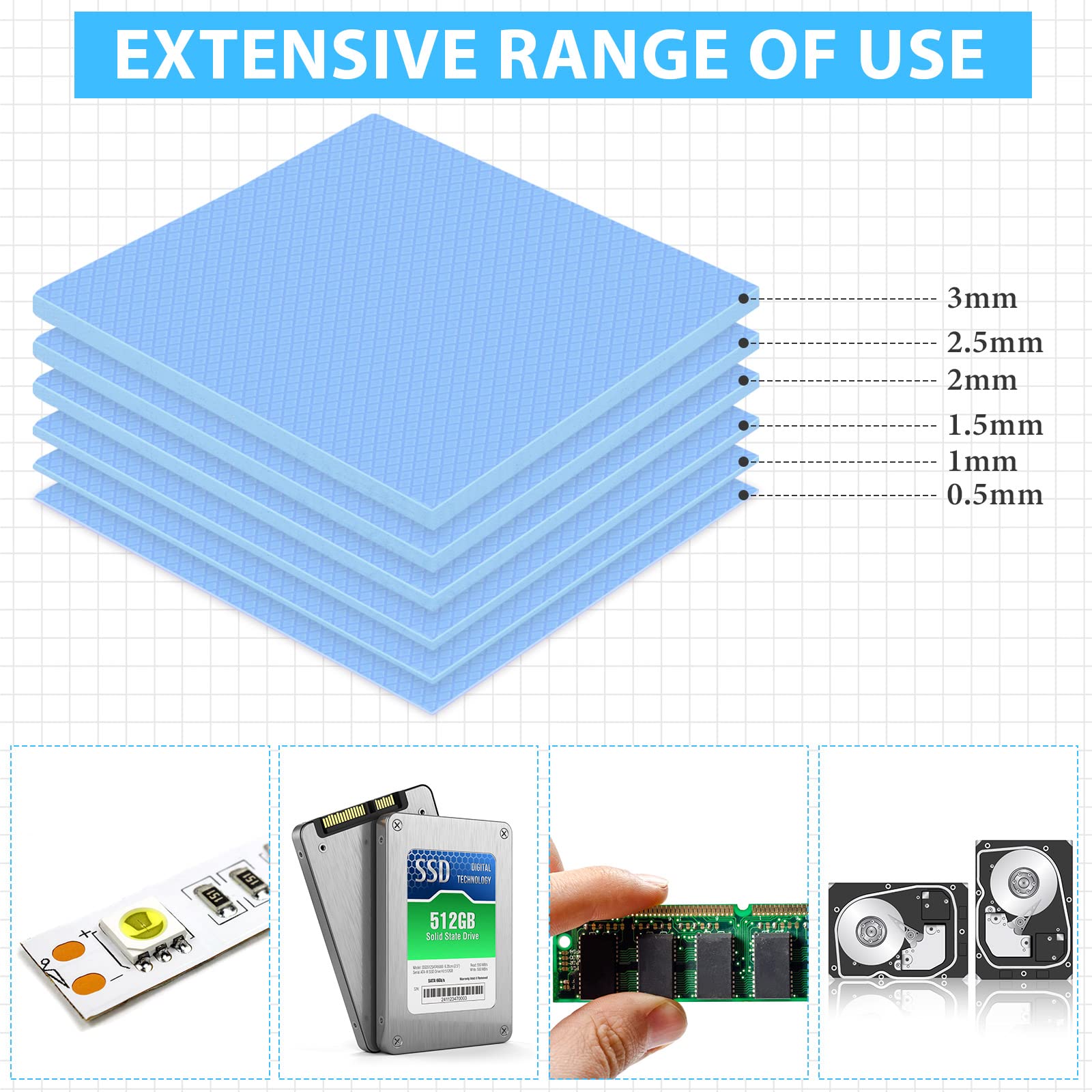 Frienda 6 Pcs Thermal Pad 100 X 100 Mm, 0.5 Mm, 1 Mm, 1.5 Mm, 2 Mm, 2.5 Mm, 3 Mm Heat Resistant Conductive Silicone Pad Thermal
