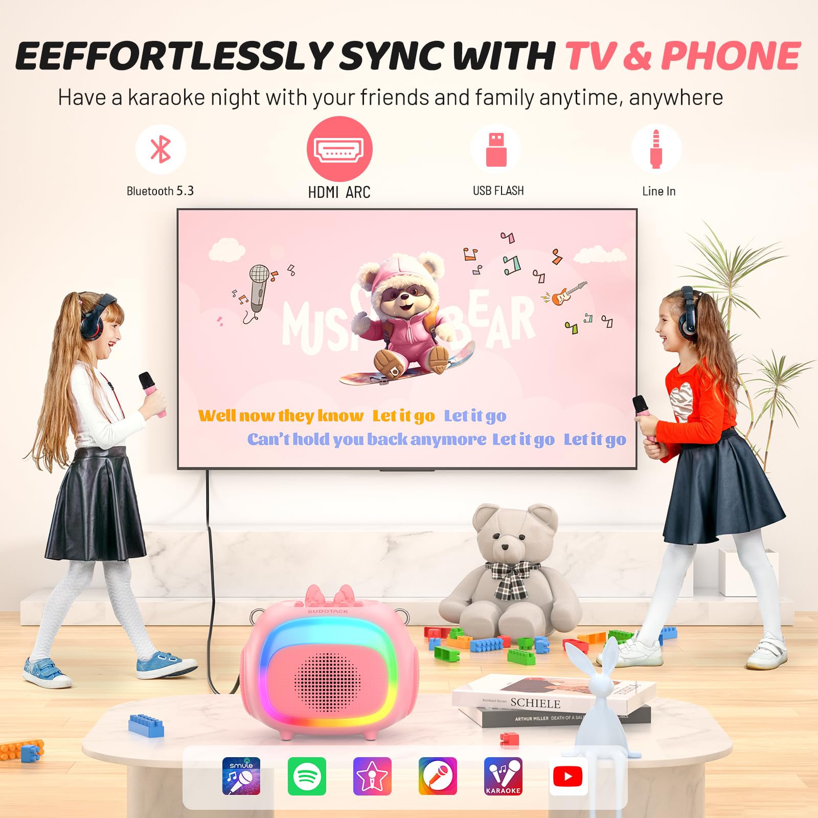 Sudotack Mini Karaoke Machine For Kids, Portable Bluetooth Karaoke Speaker With 2 Wilreless Microphones With Led Lights, Christm