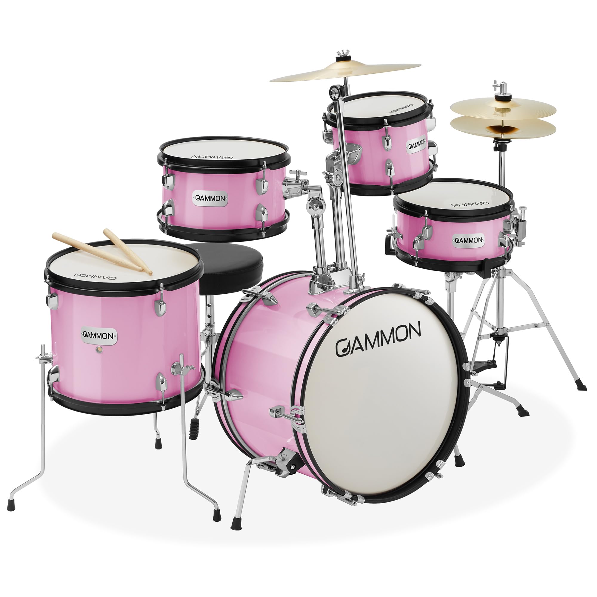 Gammon Percussion 5 Piece Junior Starter Drum Kit With Cymbals, Hardware, Sticks, & Throne   Pink