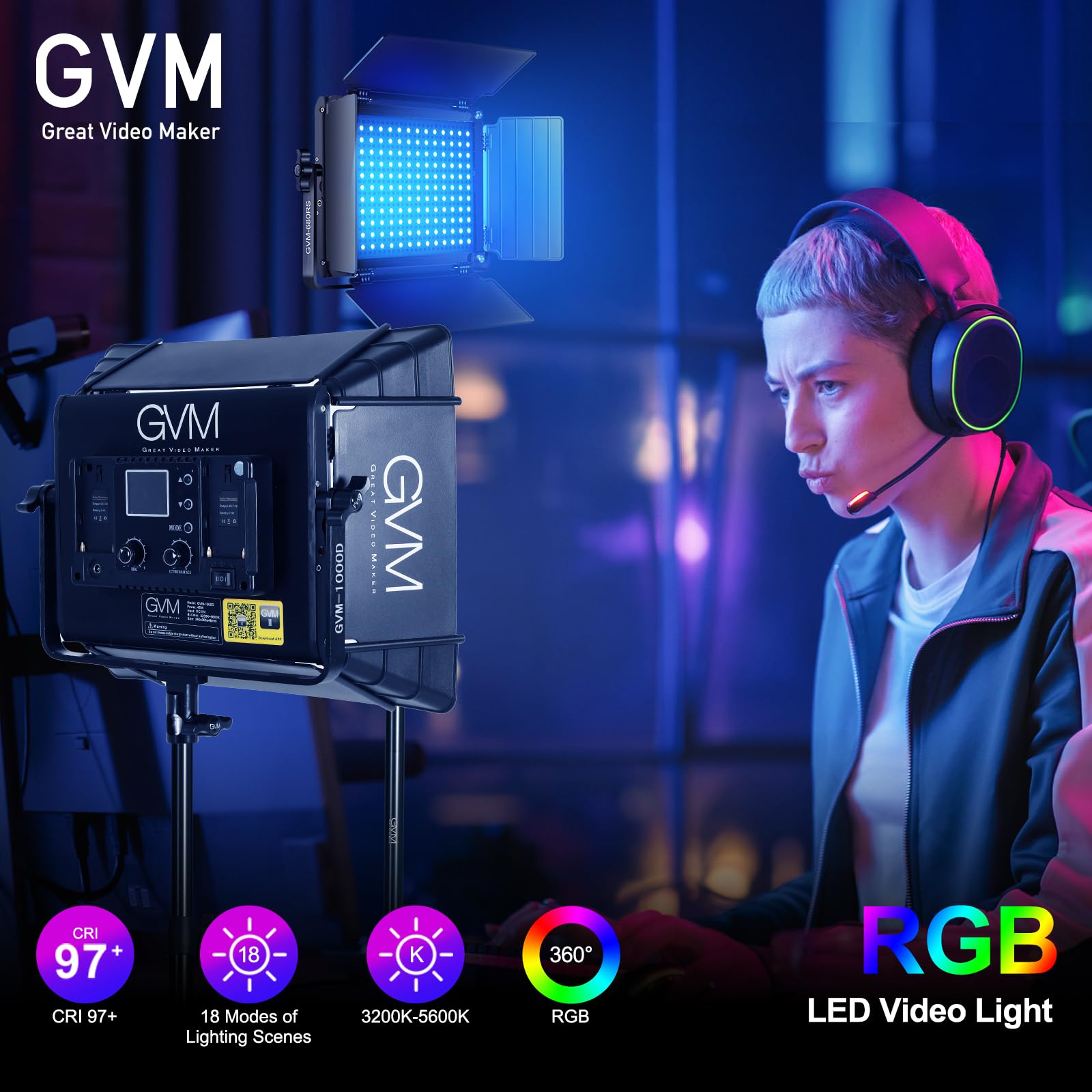 Gvm Rgb Photography Lighting Kits With 2 Softboxes, 680Rs 50W Studio Lights With Bluetooth Control, 2 Packs Video Light With 18