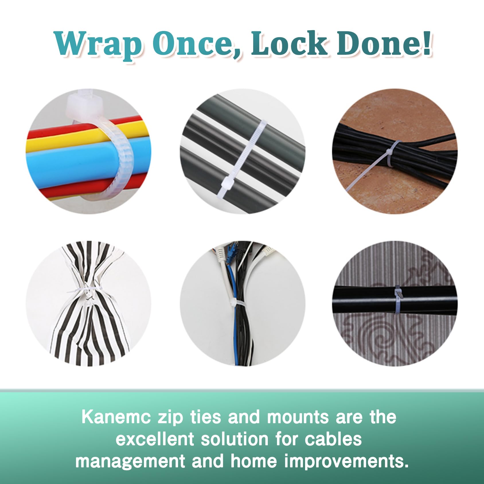 Kanemc 240Pcs Clear Cable Ties Mounts, 5.9'' Heavy Duty Zip Ties 120Pcs + 3/4'' Adhesive Cable Holders 120Pcs, Self Locking Nylo