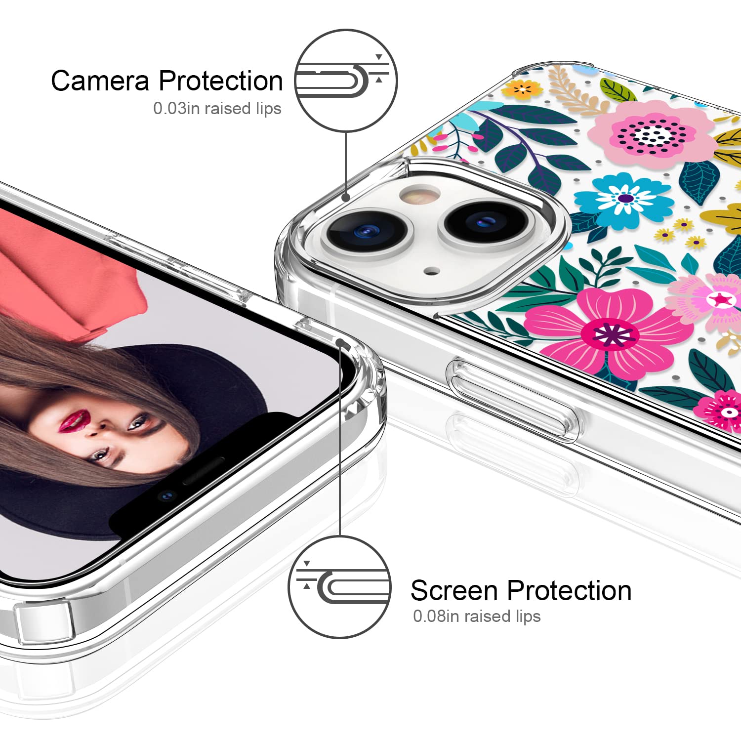 ICEDIO iPhone 14 Plus Phone Case with Screen Protector - Slim Fit Acrylic Colorful Blooming Floral 6.7"