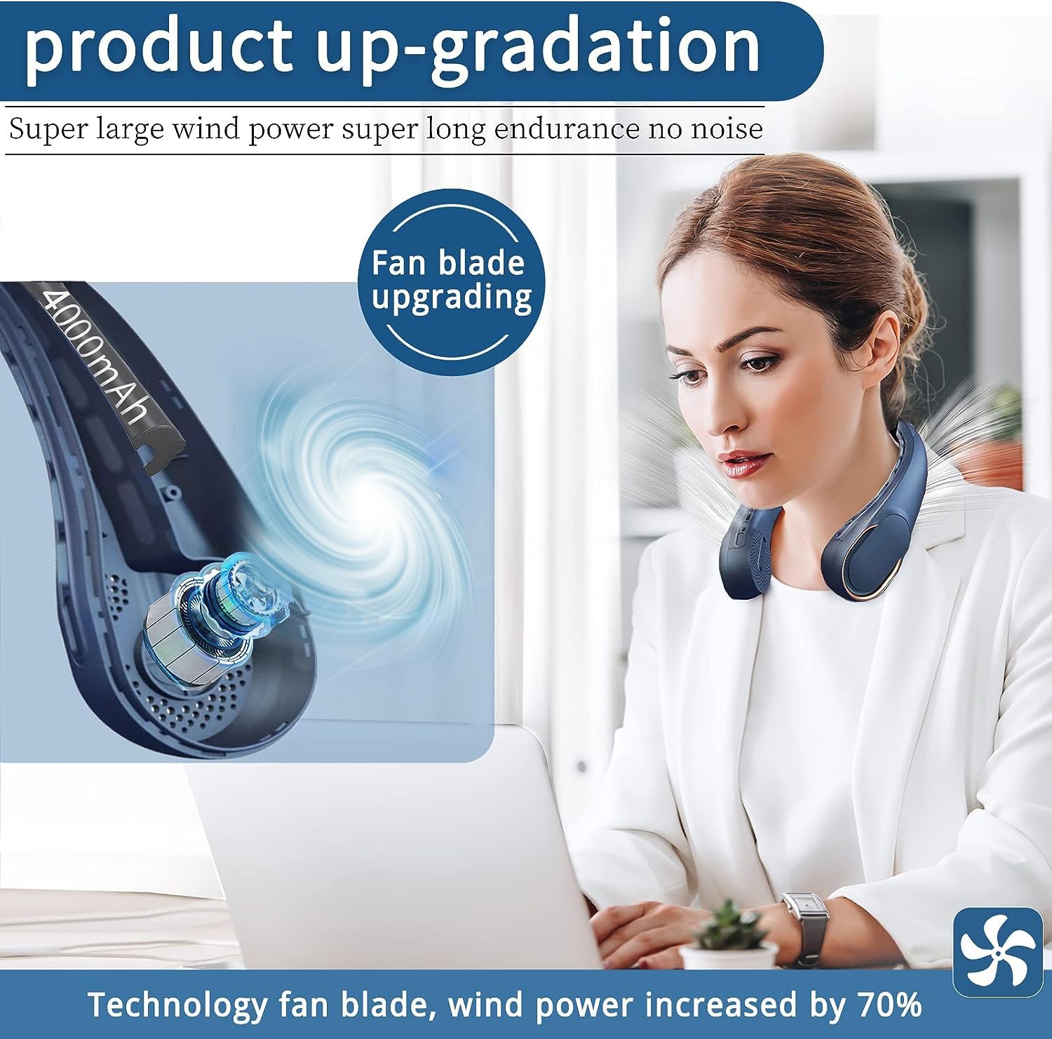 Asnug Neck Fan, Usb Rechargeable Personal Fan, 4000 Mah Battery Operated, 3 Speeds Adjustable, Faster Cooling, Ultra Quiet, Suit