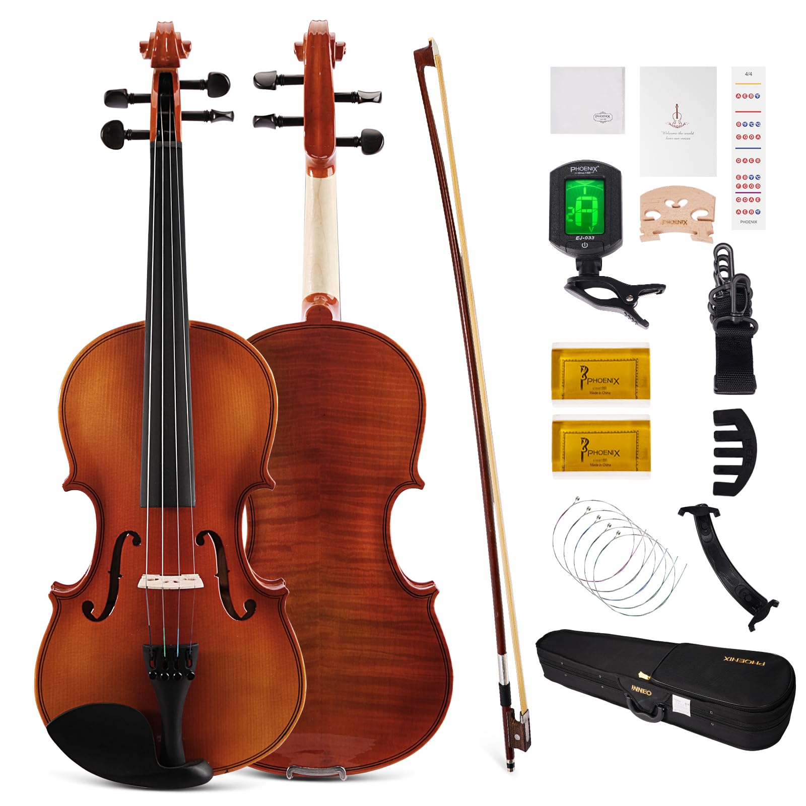 Phoenix Violin 4/4 Full Size Kit, Violin Fiddle Set For Beginner Adults Student With Rosewood Bow, Extra Strings & Bridge, 2 Ros