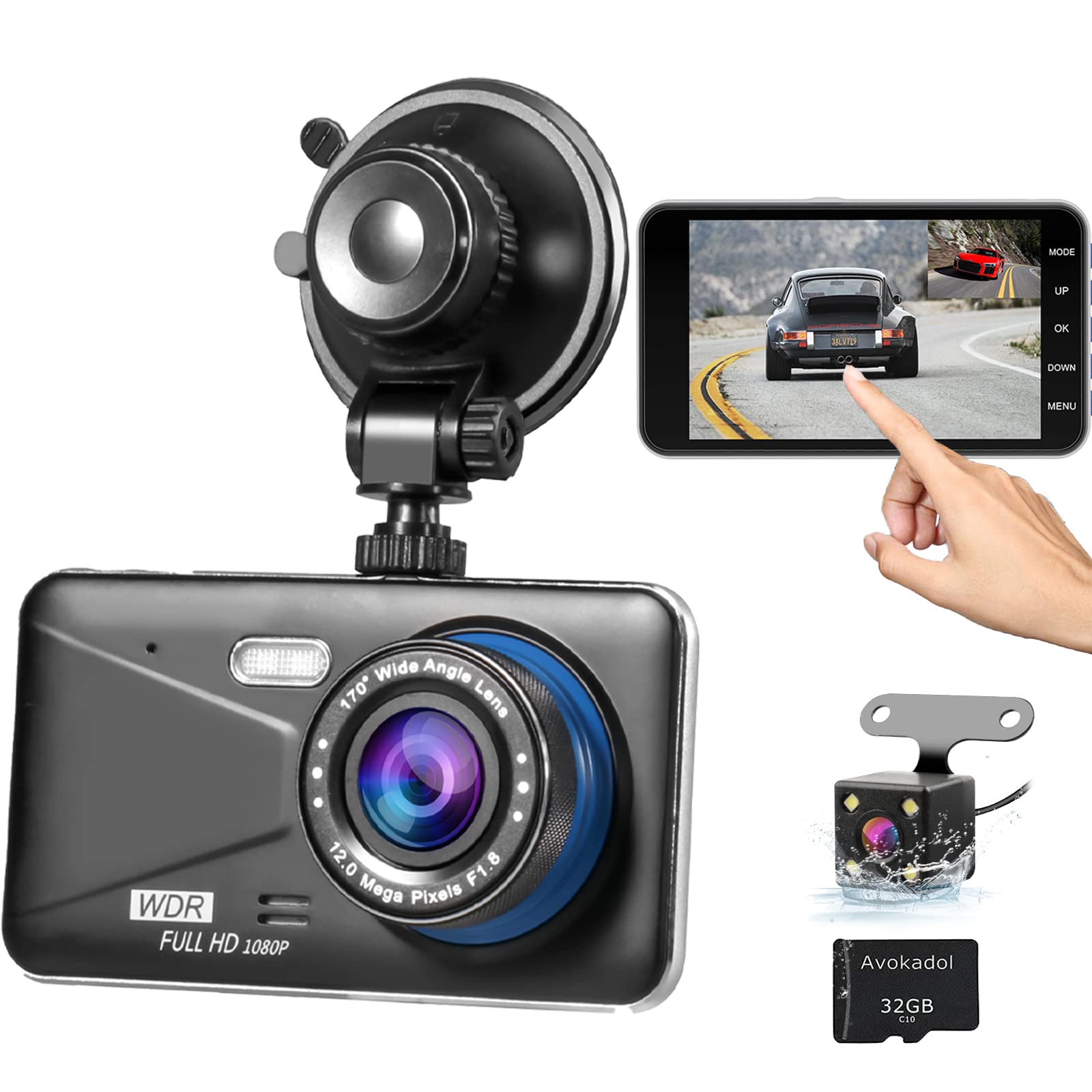 Avokadol Dash Cam Front And Rear,Dual Car Camera With 32G Sd Card 4''Ips Touch Screen,1080P Dashboard Camera For Cars & Trucks,W
