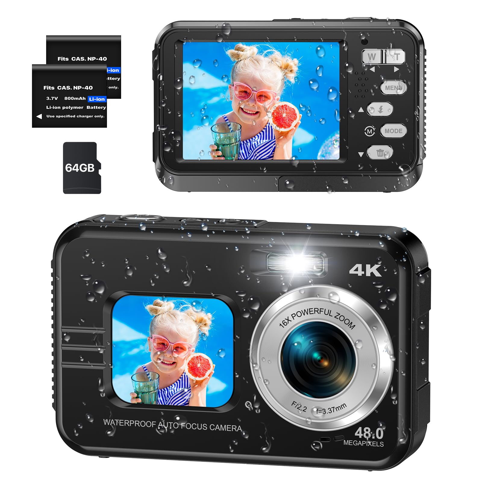 4K Underwater Camera With 64Gb Card, 11Ft Waterproof Camera Dual-Screen Selfie Underwater Cameras For Snorkeling 16X Digital Zoo