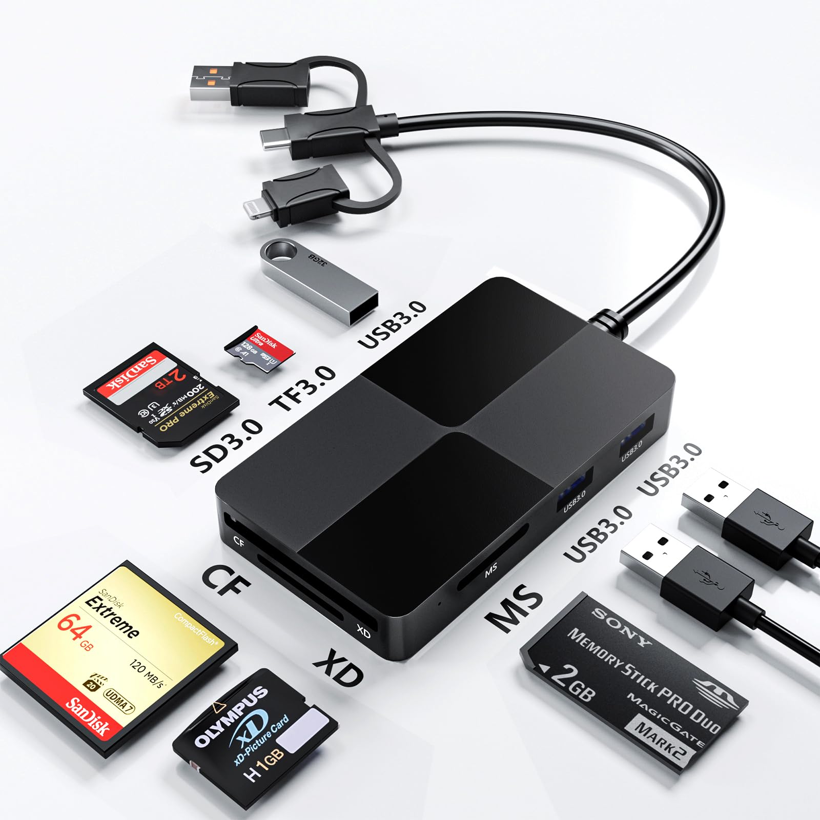 Memory Stick Pro Duo Adapter Xd Card Reader With Extra 3 Usb 3.0 Ports   8 In 1 Ms/Tf/Xd/Cf/Sd Card Reader For Iphone 15/Pc/Ligh