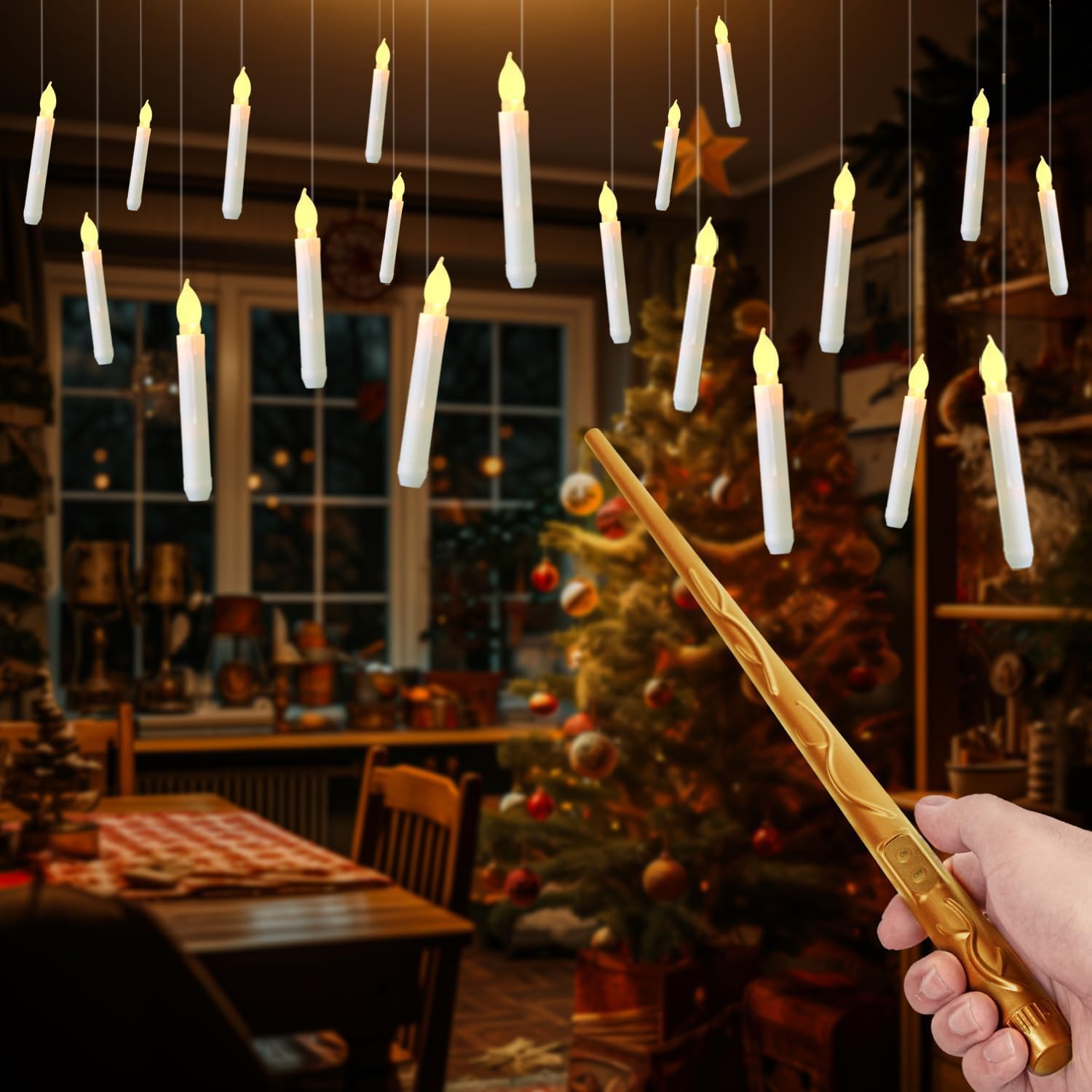 Raycare 20 Pcs Floating Candles with Wand, Magic Hanging Candles Flameless, Flickering LED Taper Candle with Wand Remote, Warm L