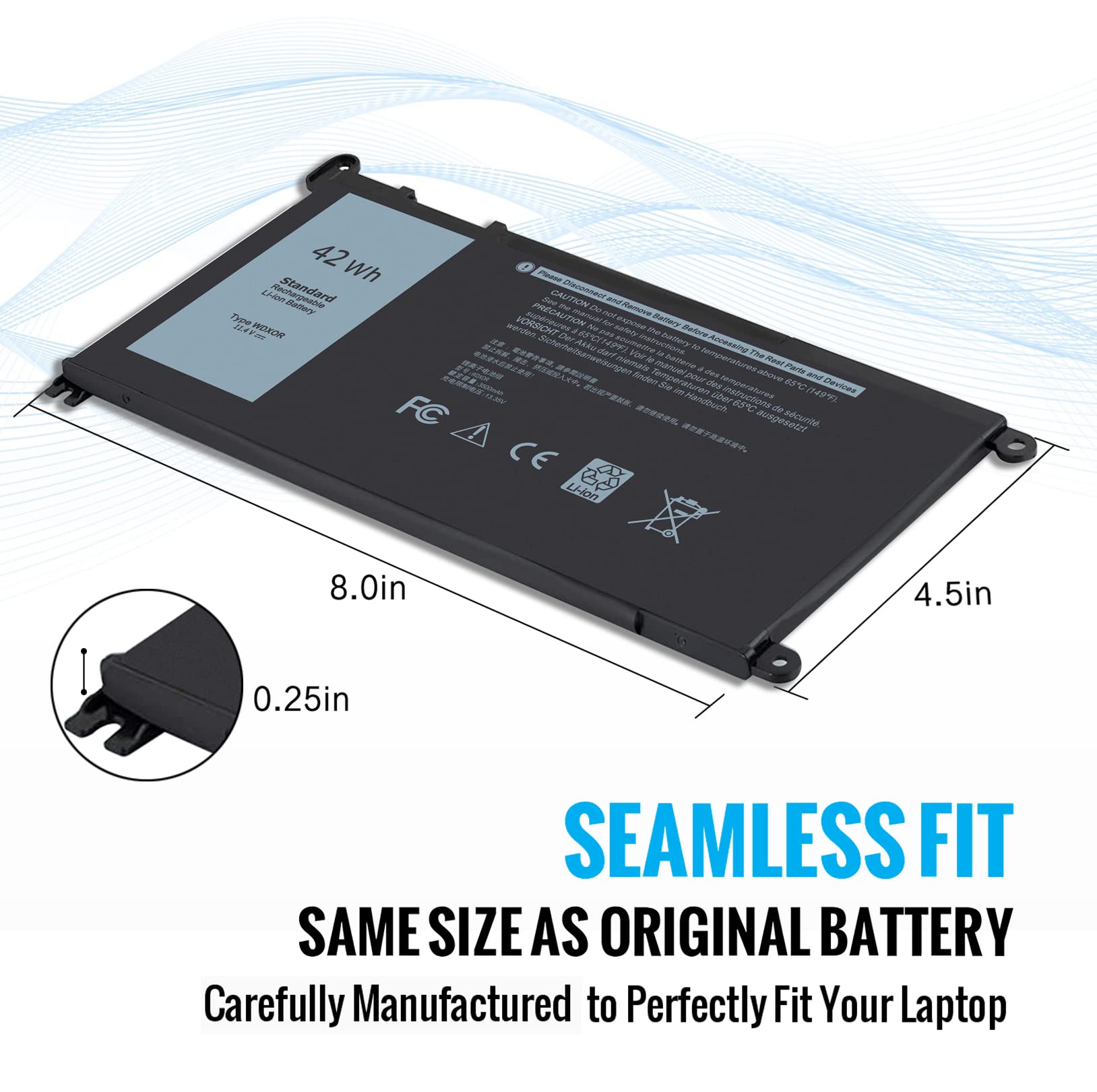 42Wh Wdx0R Battery For Dell Inspiron 15 5000 7000 Laptop 5567 5579 7375 5378 5565 5570 7378 7579 5368 5379 5578 5765 7368 7560 7570 7573 5770 P69G001 P58F P66F001 Latitude 3390 3580 Vostro 5568