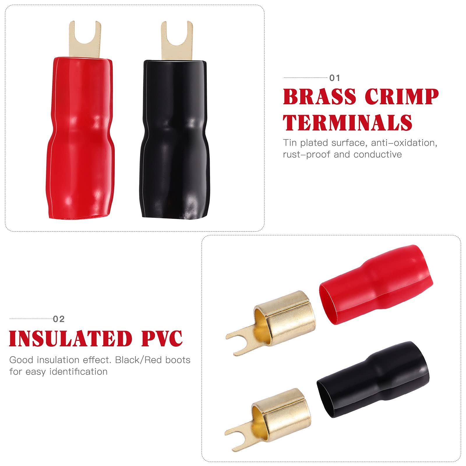 2 Pairs Copper Gold Plated 0 Gauge Spade Terminal Crimp Connectors Adapters Crimp Barrier Spades For Speaker Wire Cable Terminal Plug   0Ga (Red And Black)