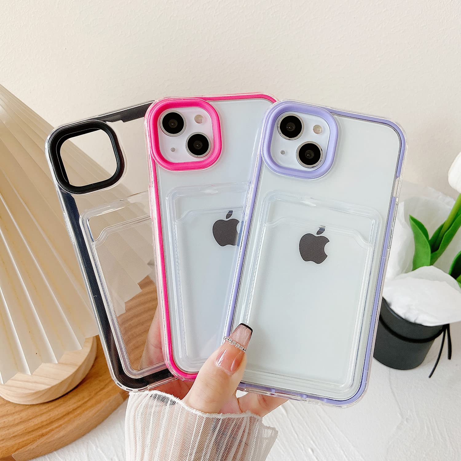 Caseative Candy Color Card Holder Clear Shockproof Soft Compatible With Iphone Case (Black,Iphone 14 Pro)