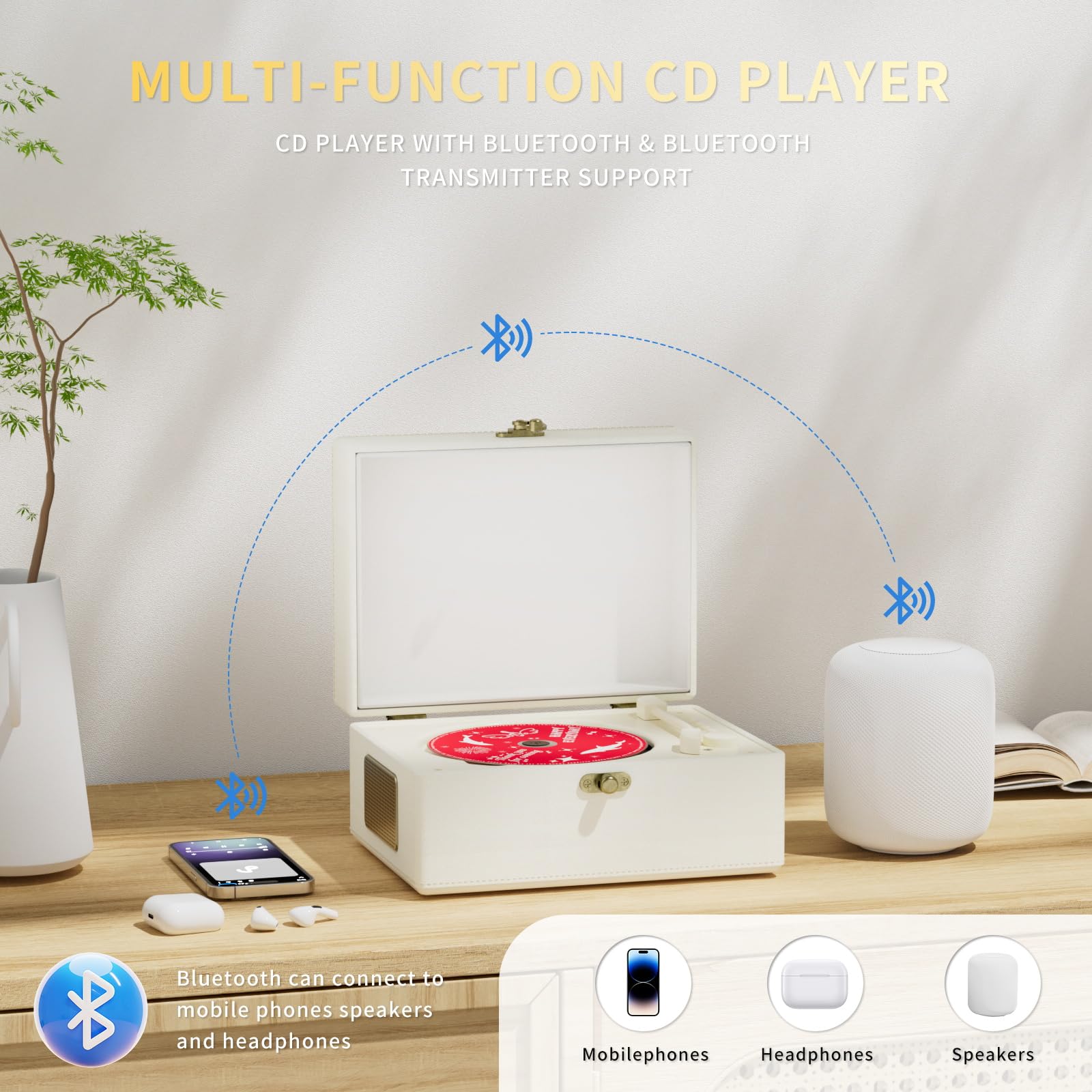 Yintiny Rechargeable Leather Cd Player With Speakers; Bluetooth Transmitter; Festival Gift; Bgm Player For Home Decor