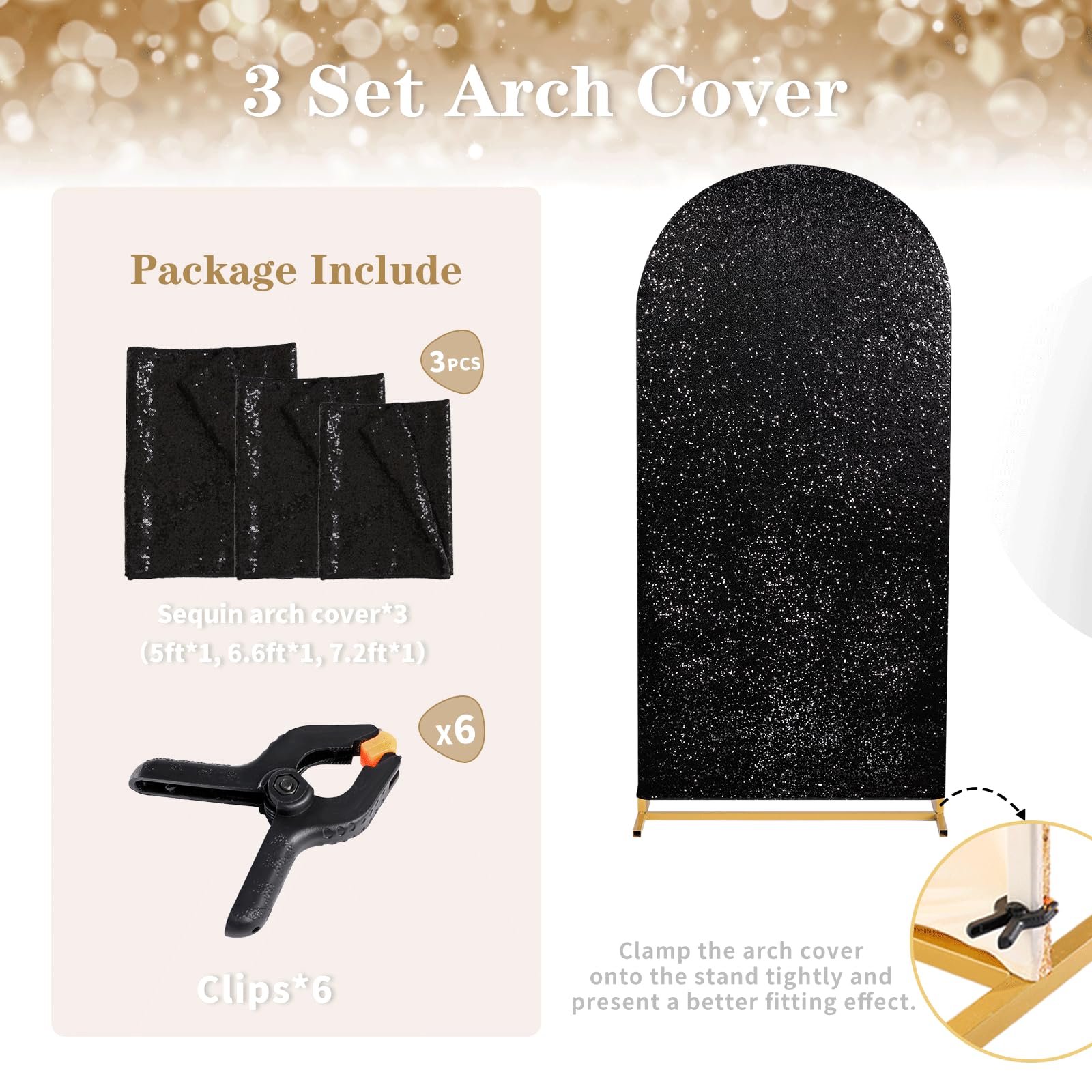 Arch Cover Set Of 3 Black Arch Backdrop Covers 6Ft, 6.6Ft, 7.2Ft Sparkly Fabric Backdrop Covers For Halloween Party Ceremony Dec