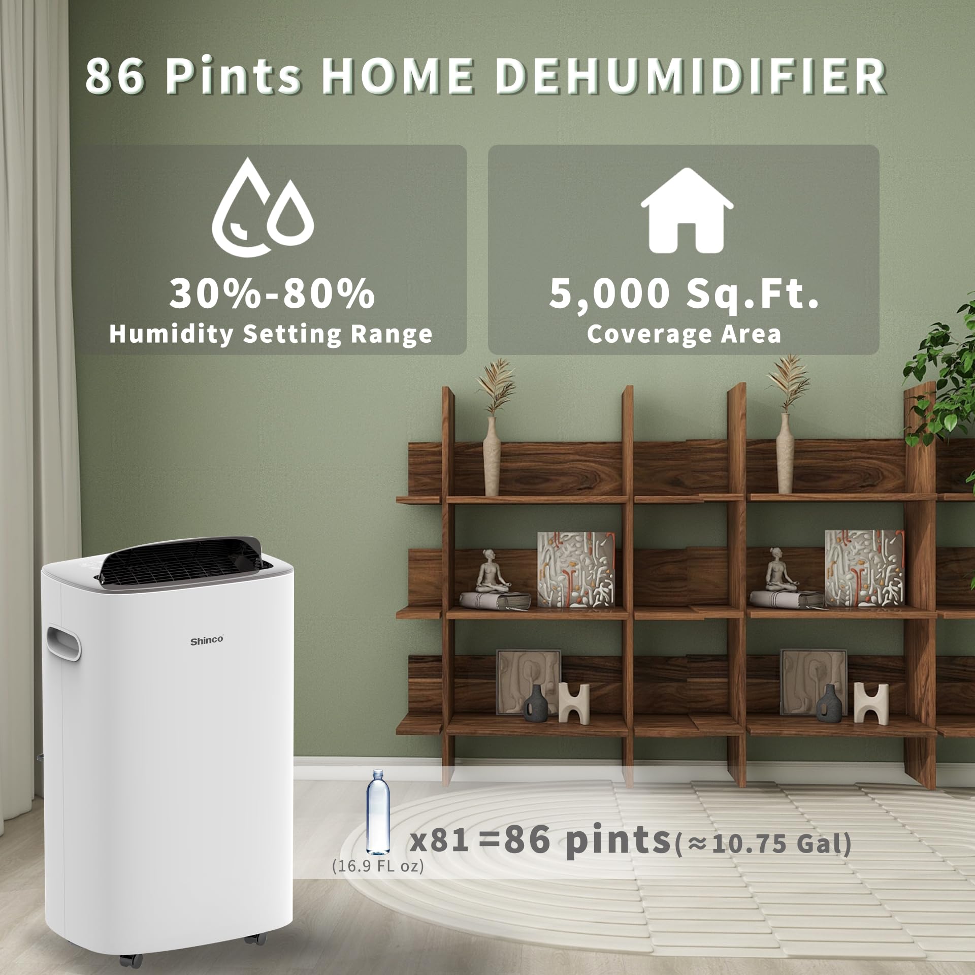 Shinco Dehumidifier 86 Pints for Home & Basements, 5000 Sq.Ft, White, Model SDX1-86P, Auto Drain, Quiet, Intelligent Humidity