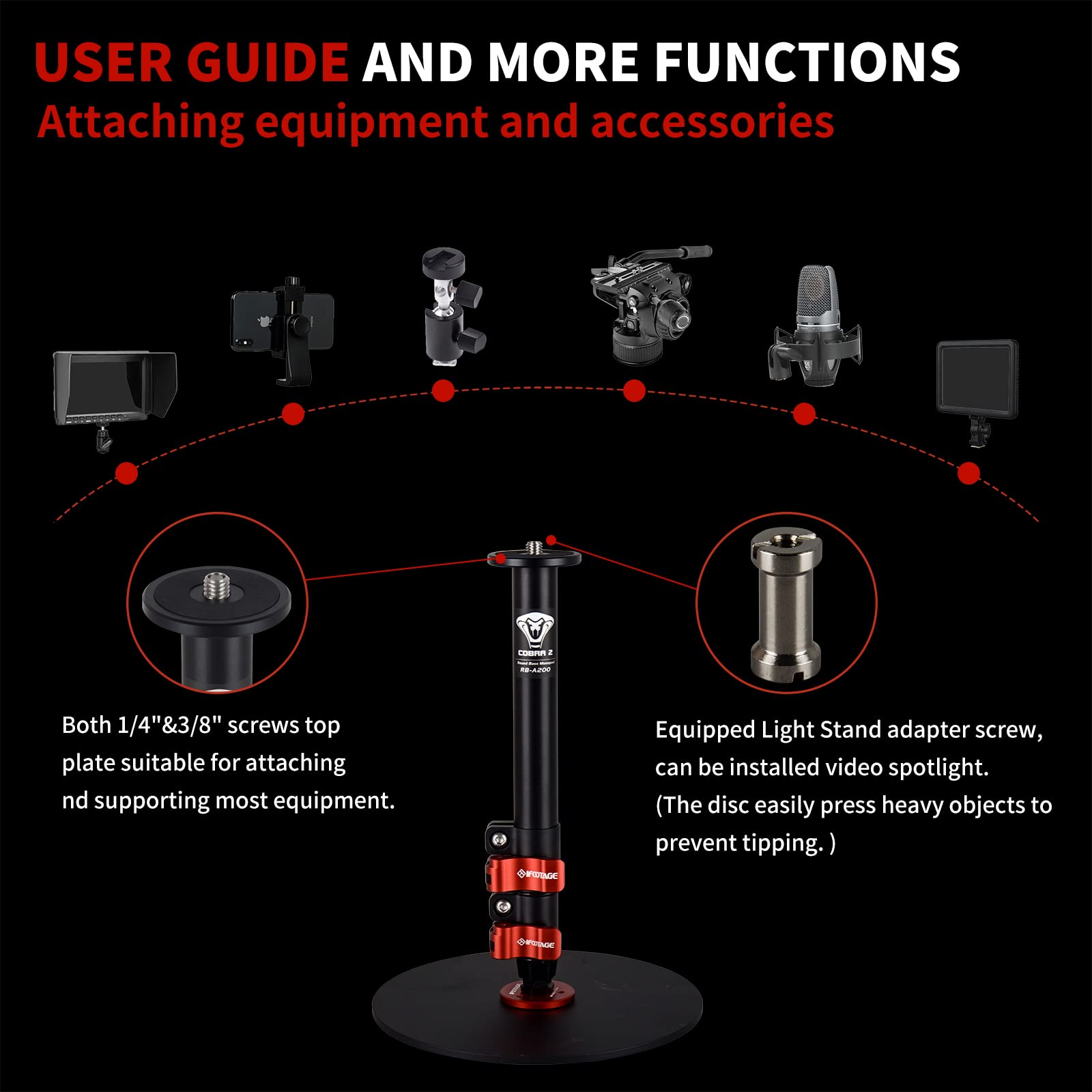 Ifootage Round Base Monopod Cobra Rb A200, 22'' Table Top Video Monopod For Cameras, Payload 10Kg/22Lbs