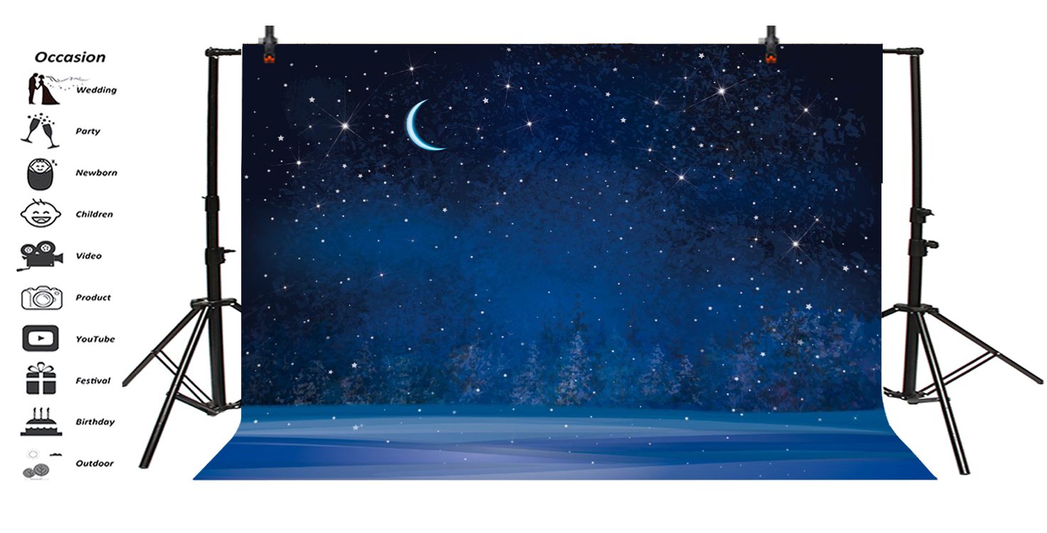 Yeele 10X6.5Ft Winter Night Snowfall Snowflake Photography Backdrops Starry Sky Moon Blurry Fir Trees Pine Forest Background Mer