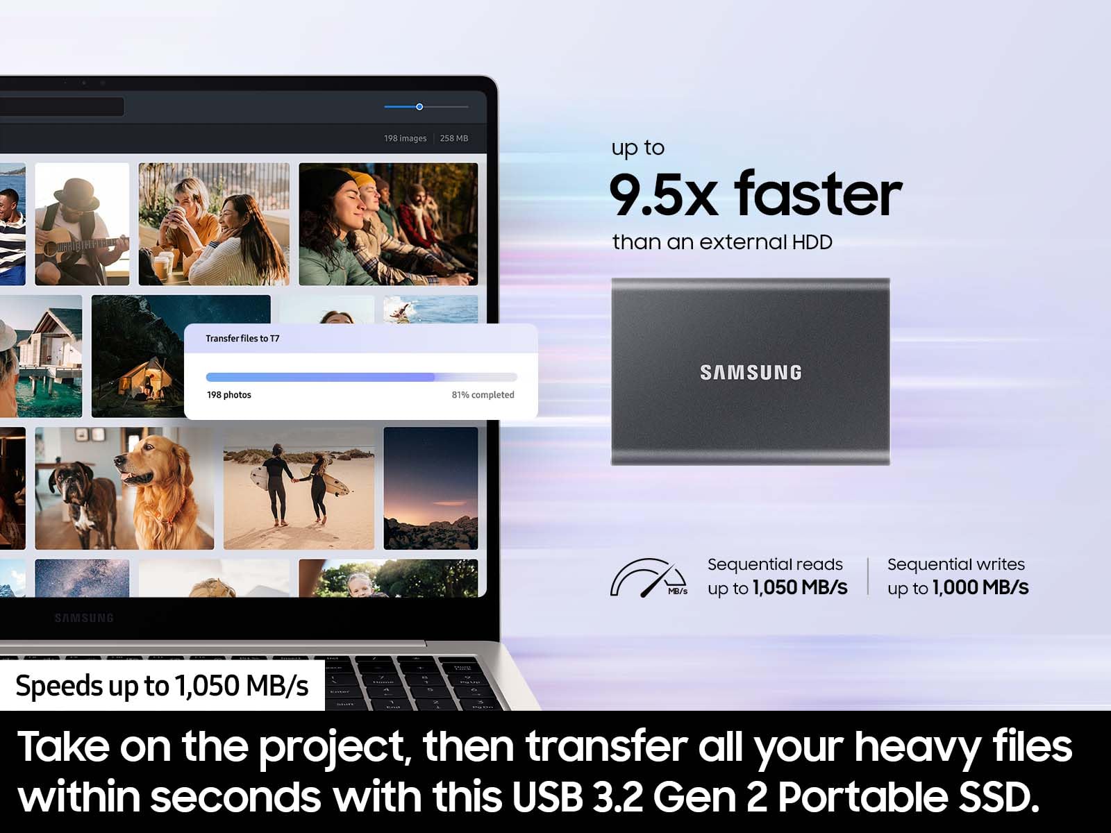 SAMSUNG T7 Portable SSD 4TB, 1050MB/s USB 3.2 Gen 2, Titan Gray, Model MU-PC4T0T/AM - Reliable External Storage