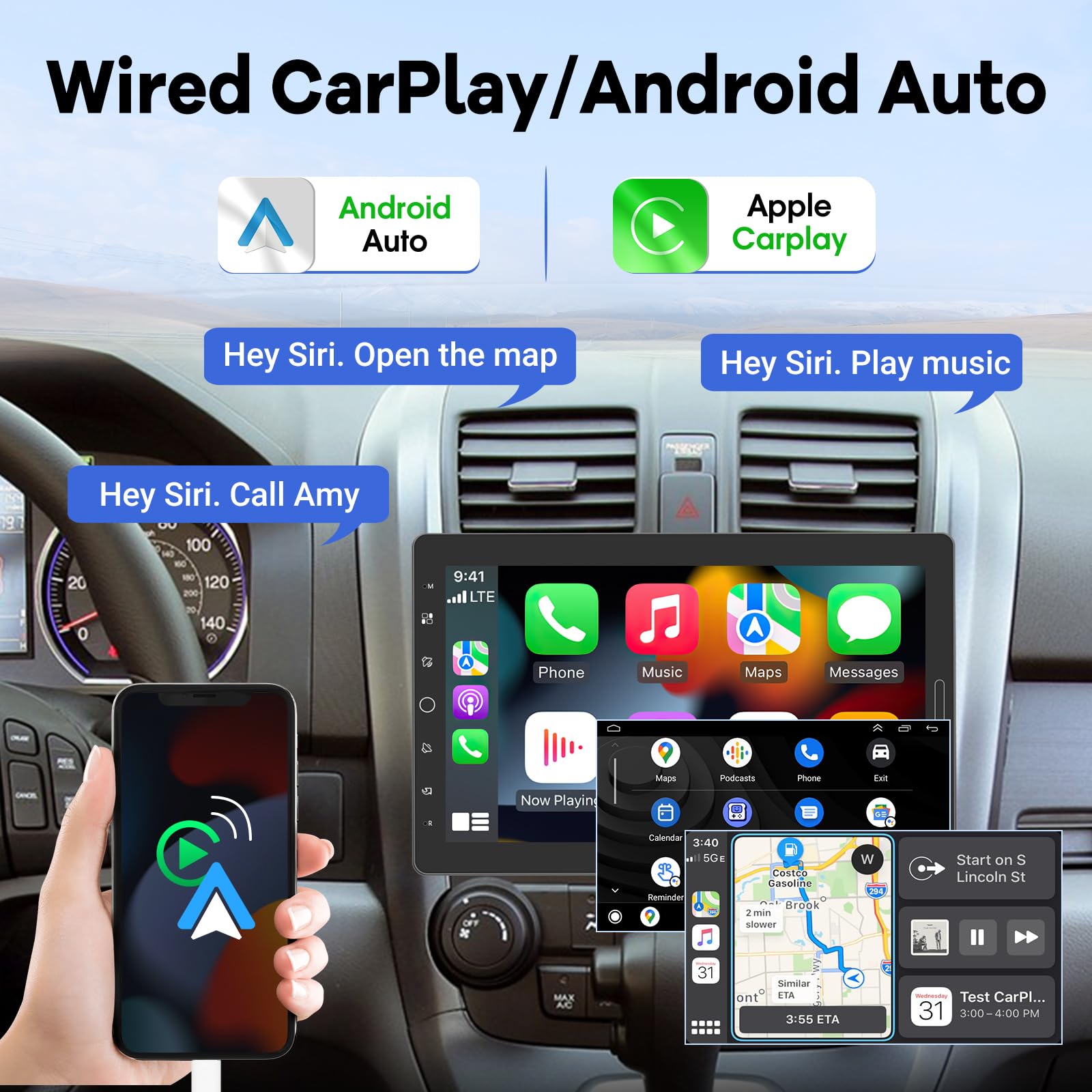 EKAT 10.1 Single Din Car Stereo, CarPlay & Android Auto, Touch Screen Radio, Bluetooth, Backup Camera, 1080P, EQ Audio, SWC