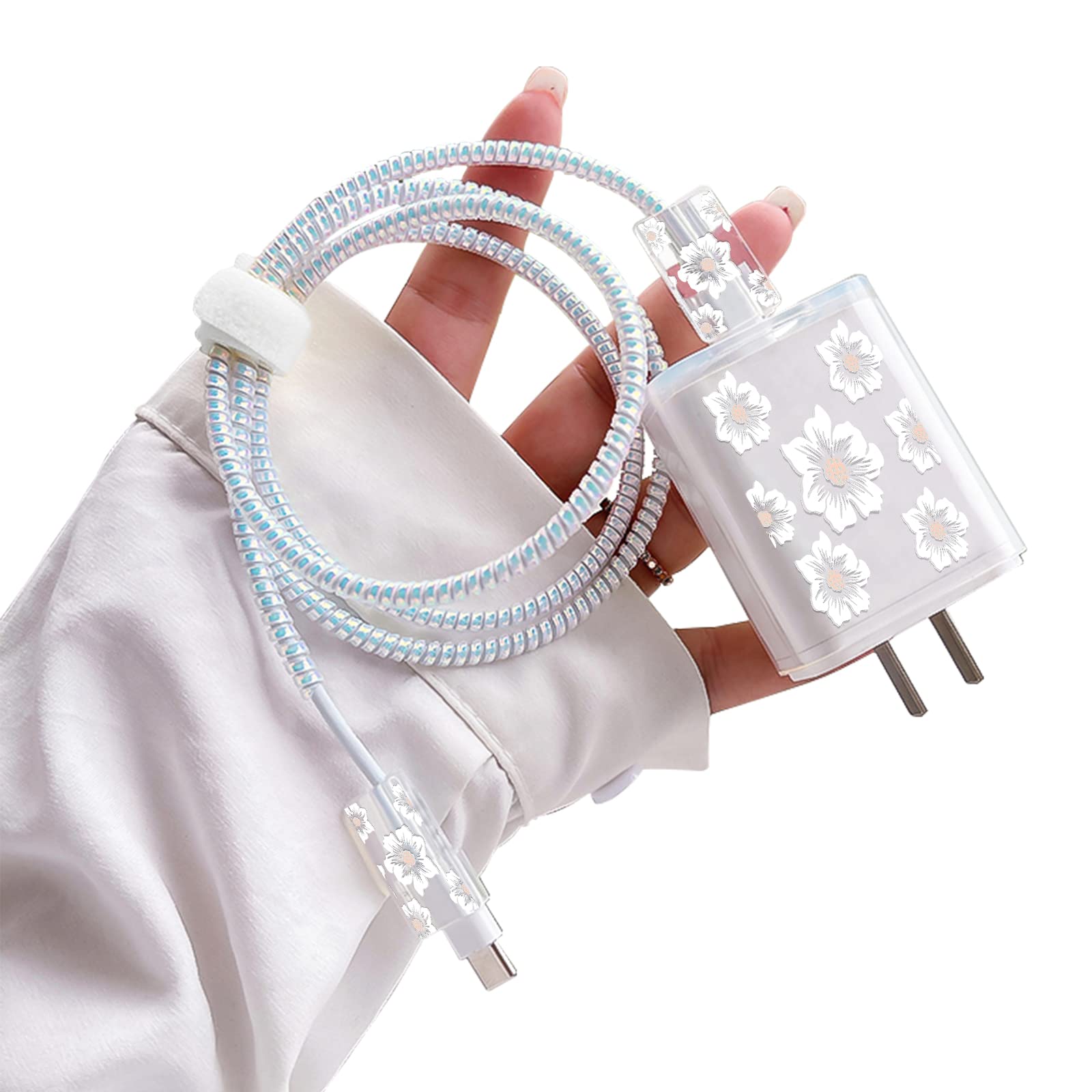 Cute Flowers Diy Protectors Cable Protector For Iphone Charger,Elegant White Camellia Pattern,Data Cable Usb Charger Data Line E
