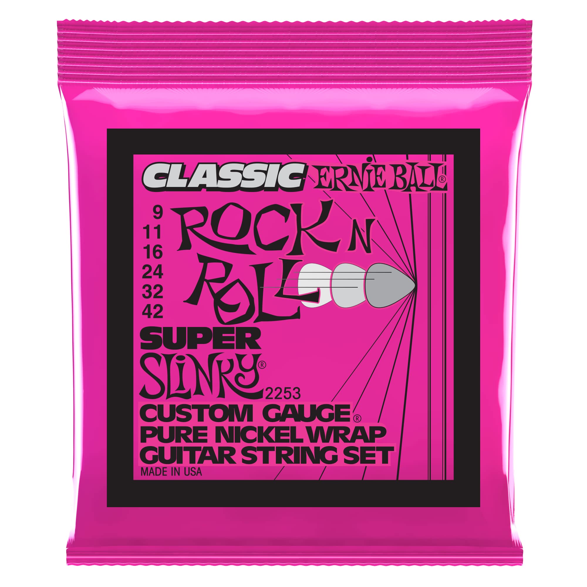 Ernie Ball Super Slinky Classic Pure Nickel Electric Guitar Strings, 9 42 Gauge (P02253)