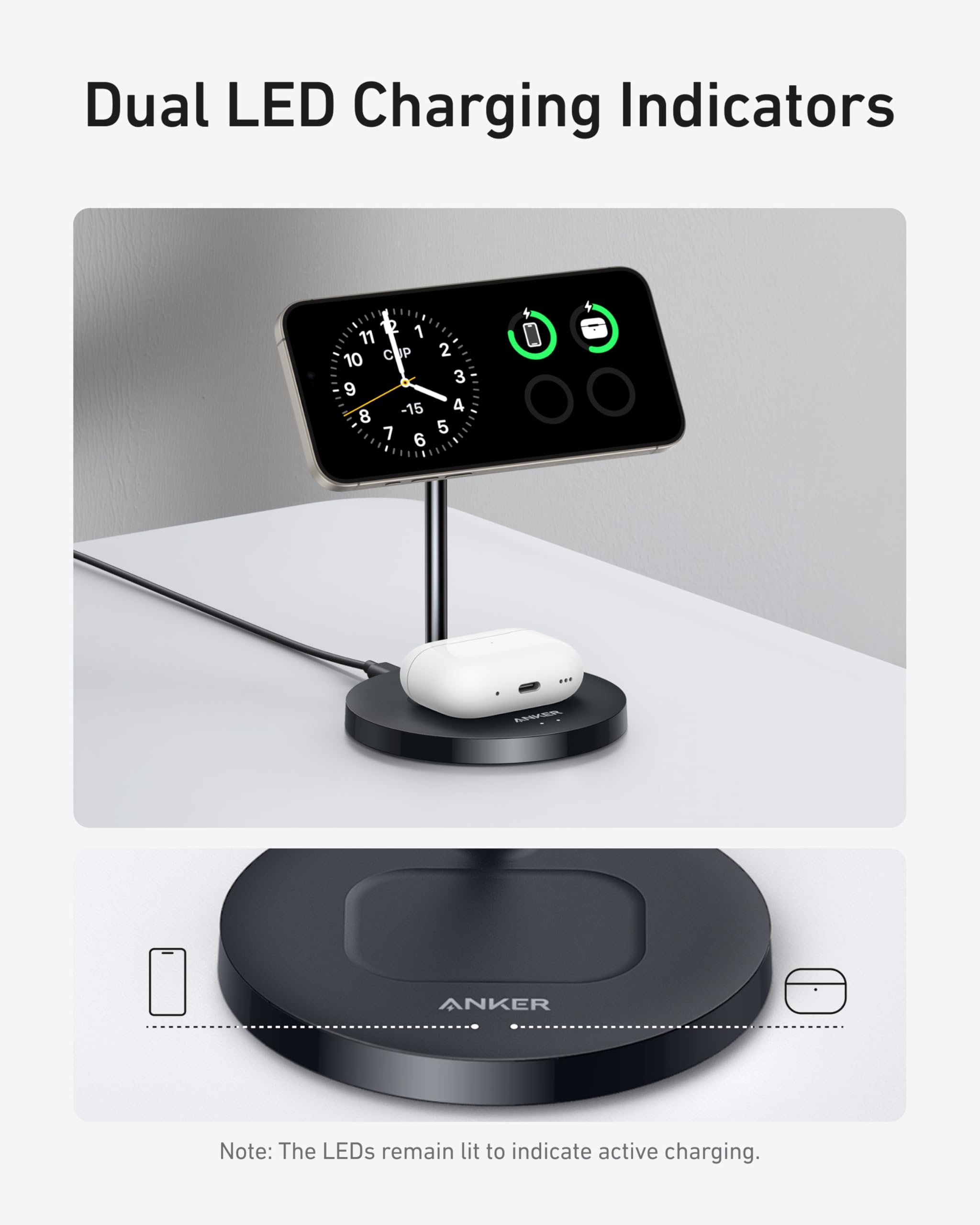 Anker Magsafe Compatible Maggo Charger Stand, Iphone 16 Wireless Charger, 2 In 1 Charging Station, Qi2 Certified 15W Wireless Ch