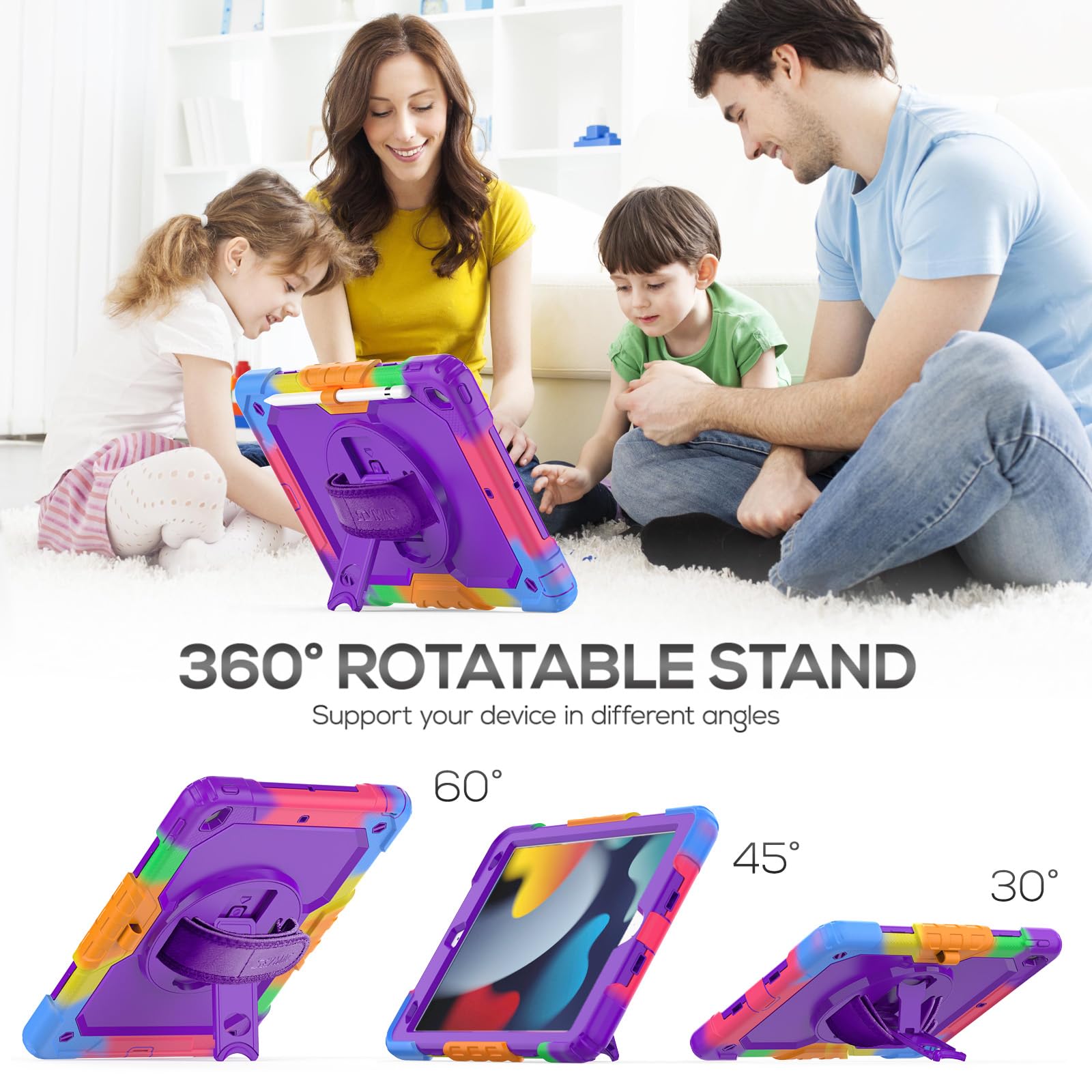 SEYMAC iPad Case for 10.2" 9th/8th/7th Gen, Shockproof, Rotatable Hand Strap, Shoulder Strap, Colorful Purple, Polycarbonate