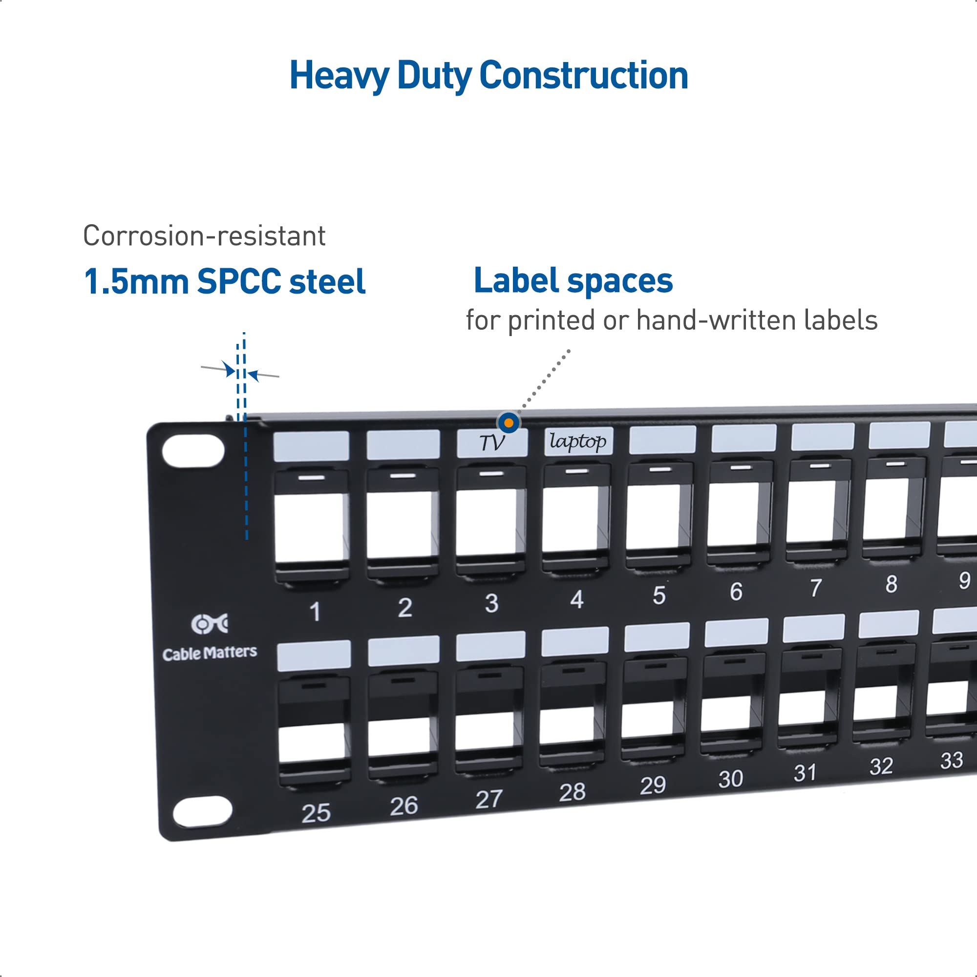 Cable Matters Rackmount Or Wall Mount 2U 48 Port Keystone Patch Panel With Cable Management And Support Bar (19 Inch Blank Patch