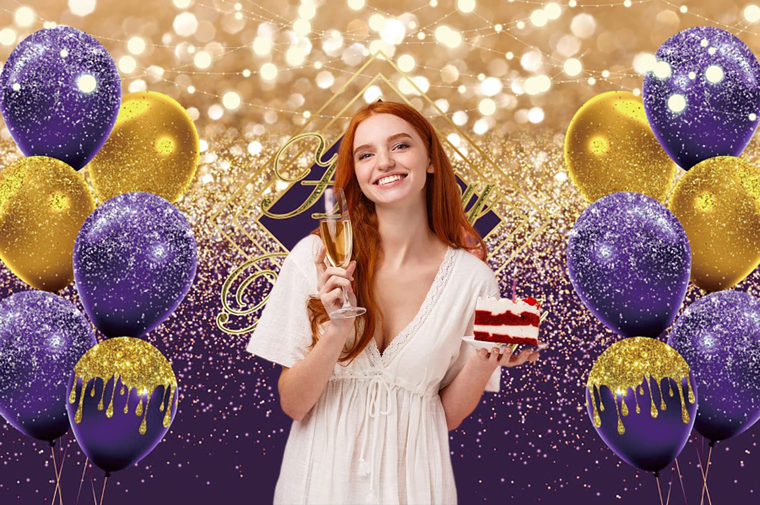 Renaiss 7X5Ft Violet Happy Birthday Backdrop For Photoshoot Kids Men Women Portrait Purple Gold Balloons Photography Background