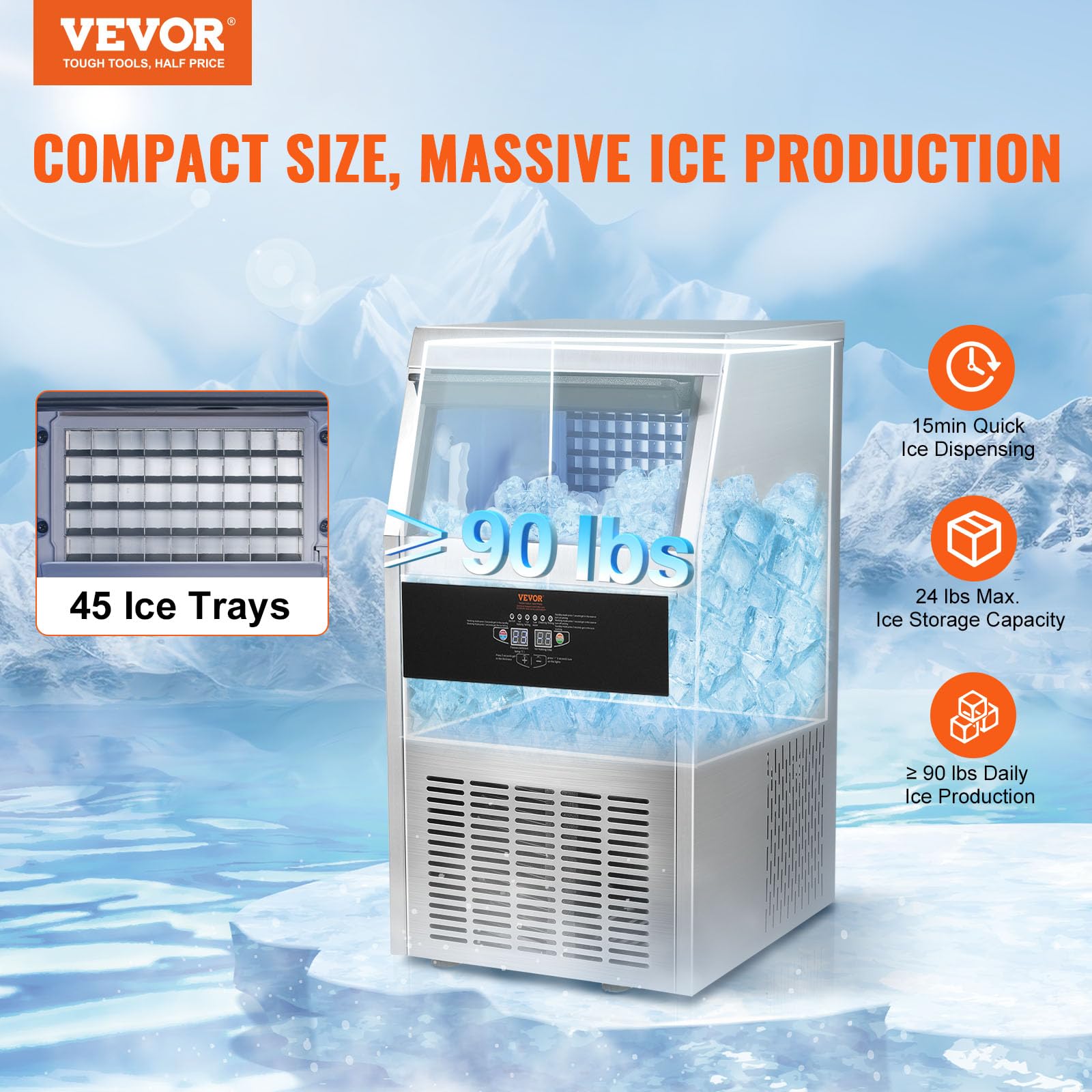 Vevor Commercial Ice Maker Machine, 90Lbs/24H 33Lbs Bin, Upgrade Stainless Steel Commercial Ice Machine For Home Bar Resaturant,