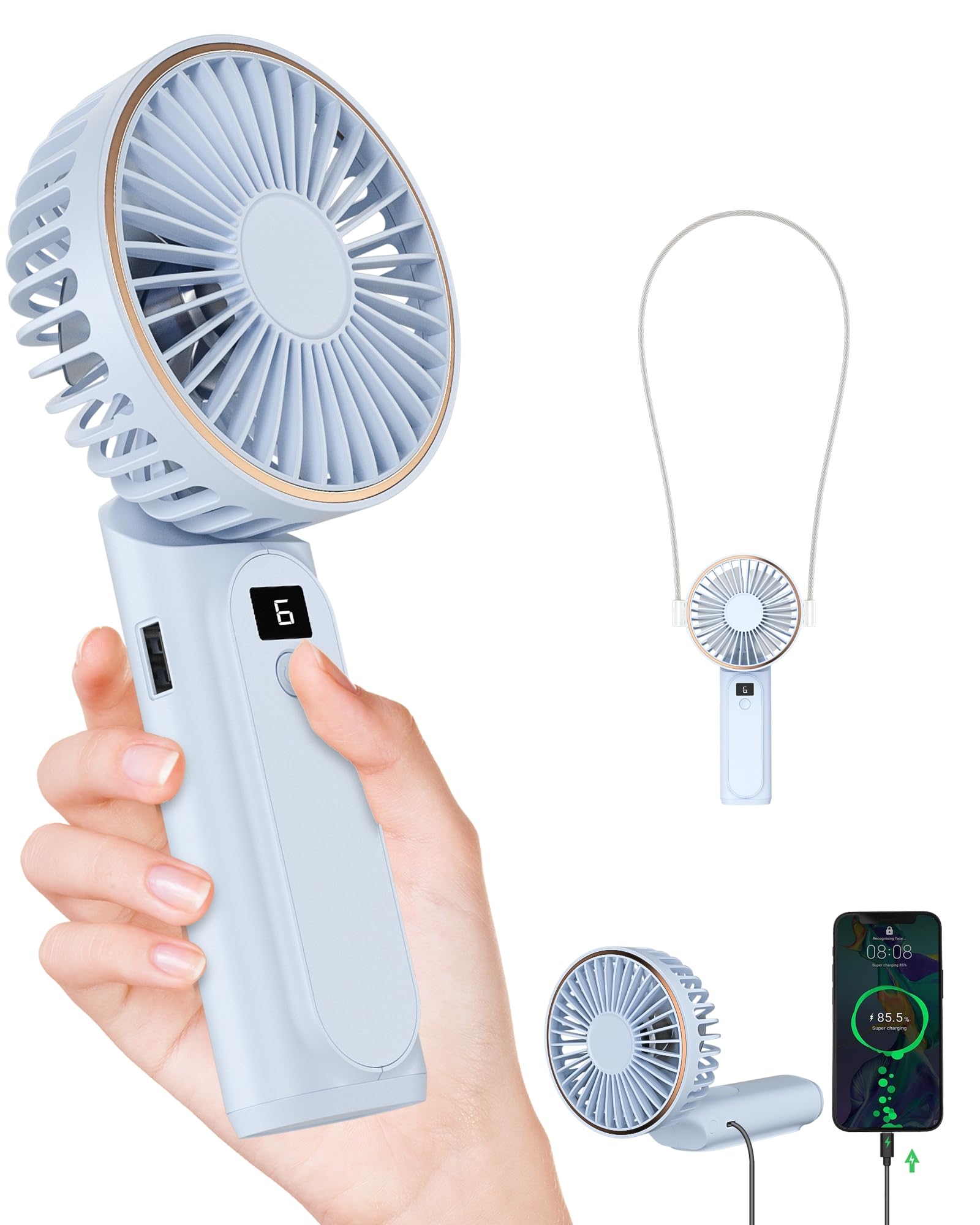 Tunise Portable Handheld Fan, Portable Fan Rechargeable, 4000Mah, 180 Adjustable, 6 Speed Wind, Display Electricity In Real Time