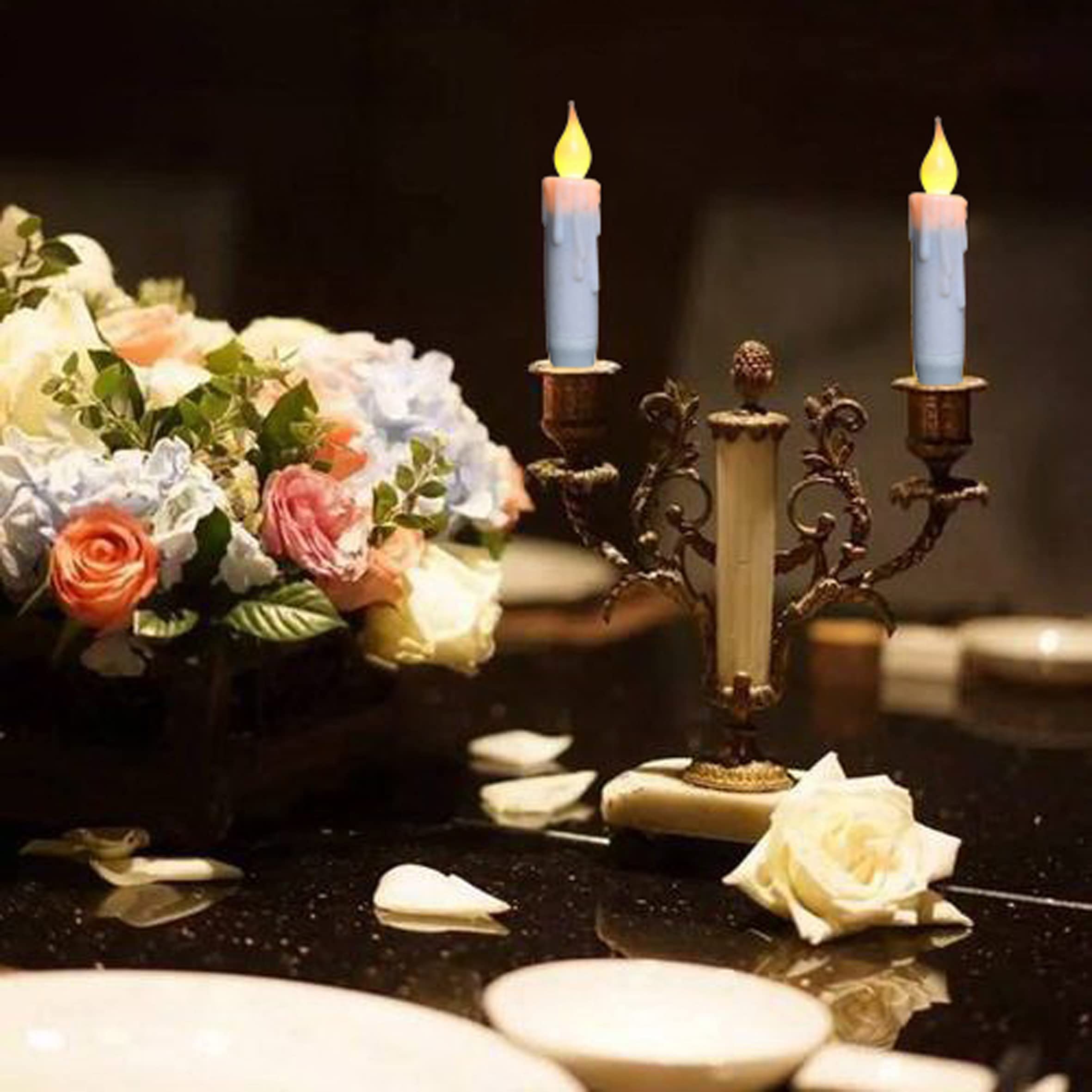 Cvhomedeco. Flickering Taper Candles Led Drip Flameless Candles, Battery Operated With Timer, White, 4 3/4 Inch, Set Of 4