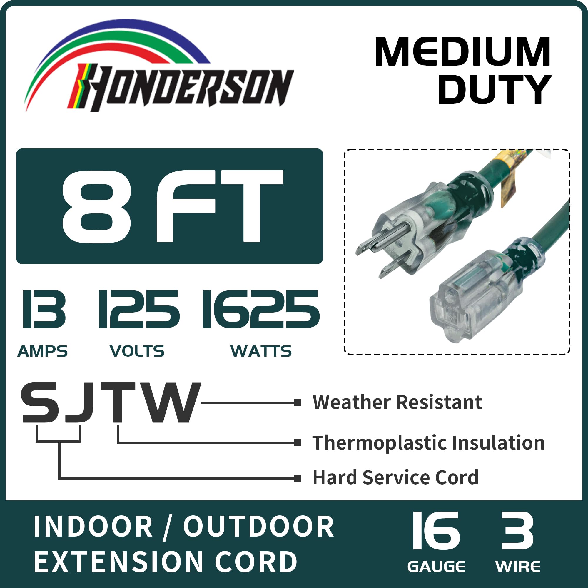 Honderson Indoor Outdoor Extension Cord Weatherproof With Lighted End, Ul Listed, 16 Gauge 8Ft Green 3 Prong Heavy Duty Extensio