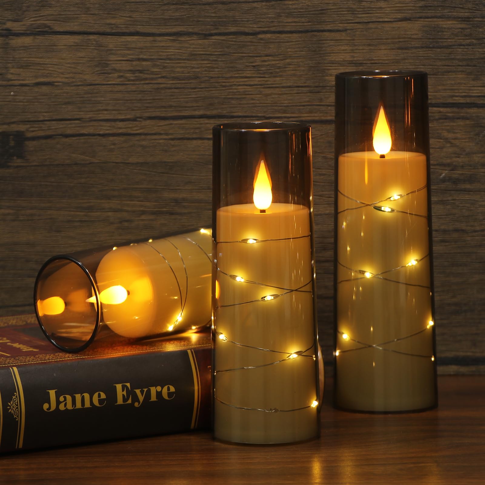 Genswin Flickering Flameless Candles With 2 Remote Timer, 3 Pack Led Battery Operated Candles With Embedded Star String, Battery