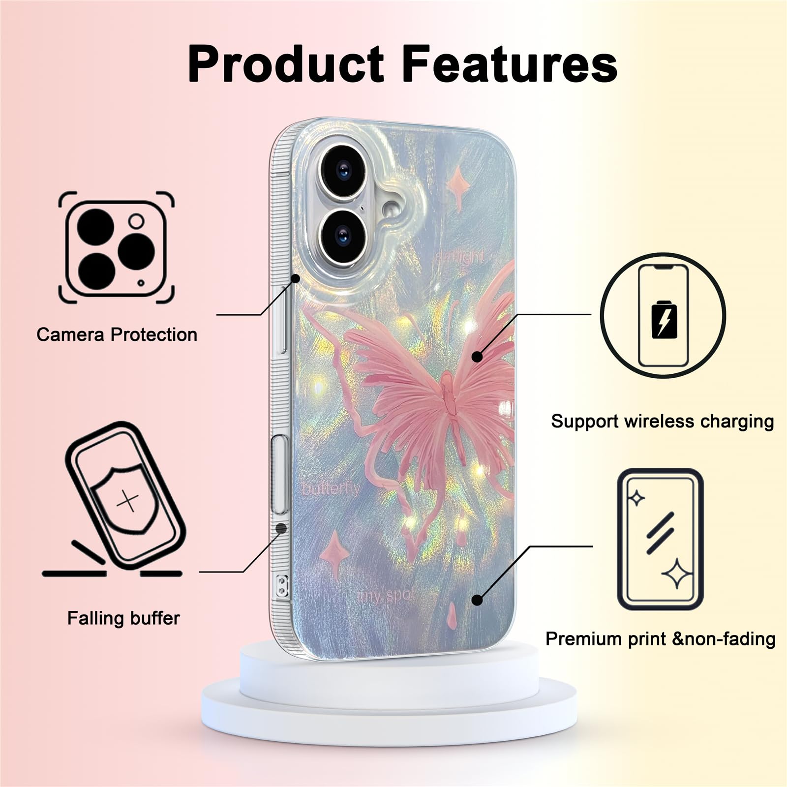 I Mgae In Ar Compact Case For Iphone 16 Plus Pale Pink Butterfly Design,Cute Trendy Soft Slim Tpu Shockproof Protective Phone Ca