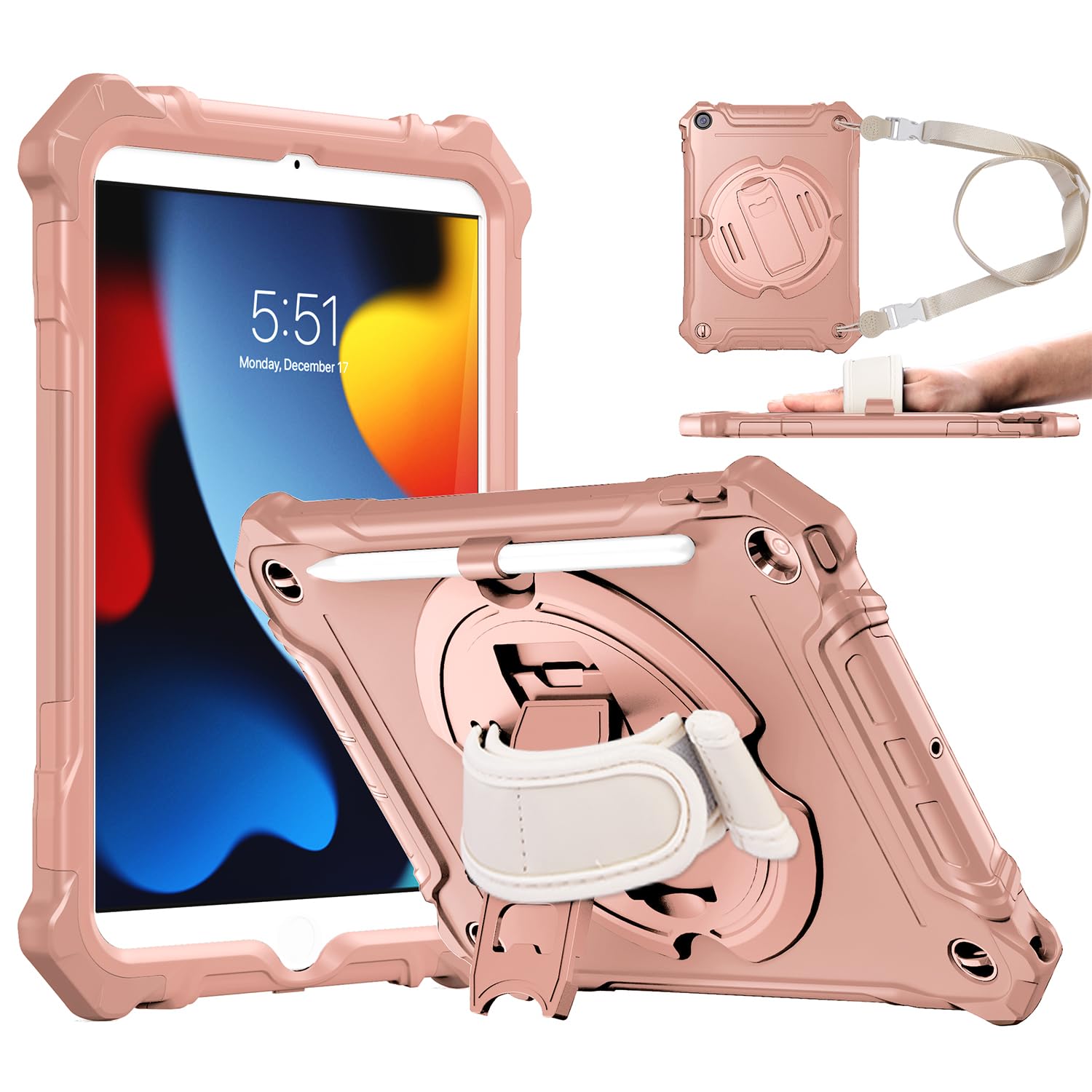 Ztotopcases For Ipad 9Th/ 8Th/ 7Th Generation 10.2 Inch, Shockproof Full Body Protective Cover With 360 Rotating Hand Strap &Sta