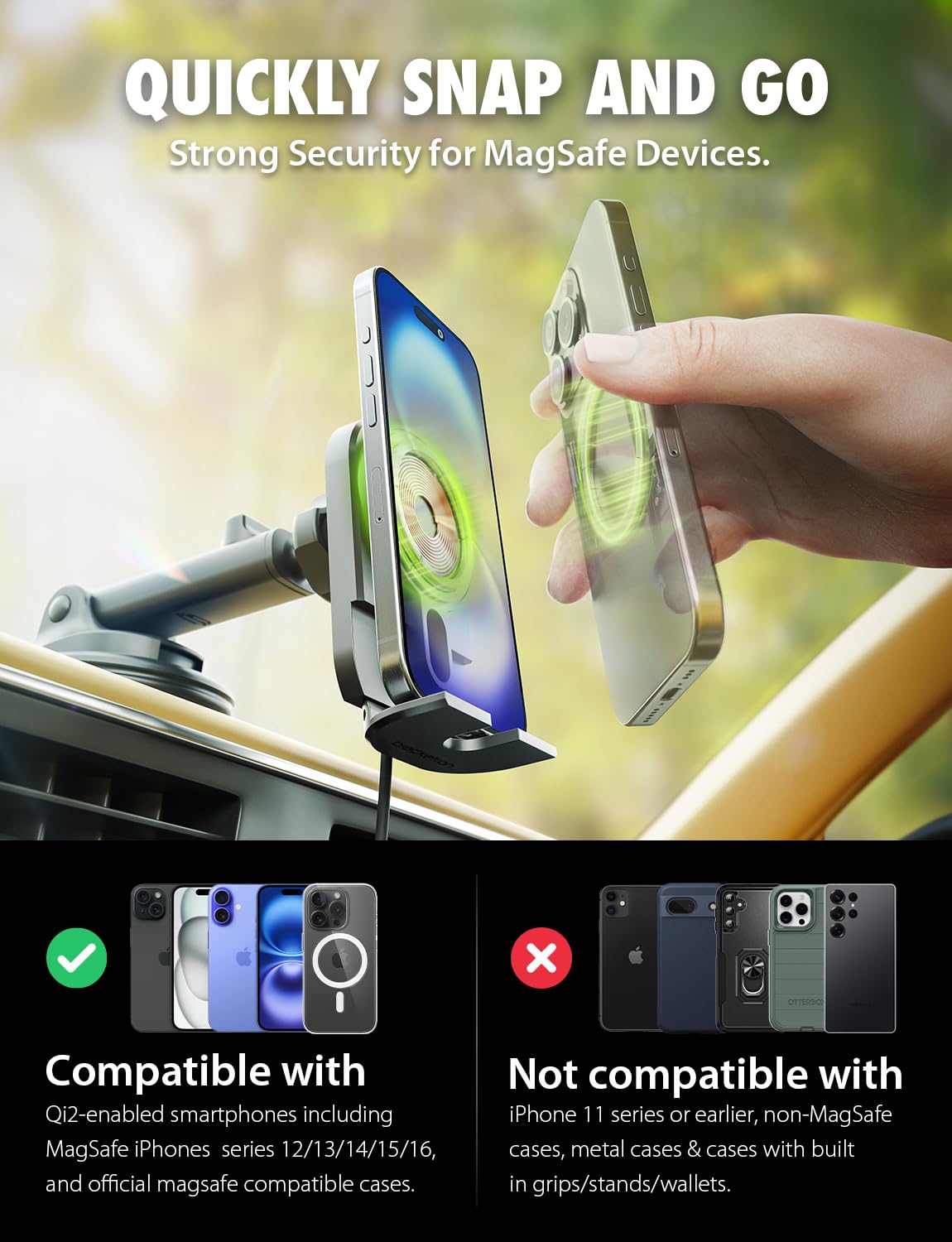 Bracketron Magalign Extend 15W Magsafe Car Mount Charger, Magnetic Car Phone Holder Charger Wireless Car Charger For Iphone 16 P