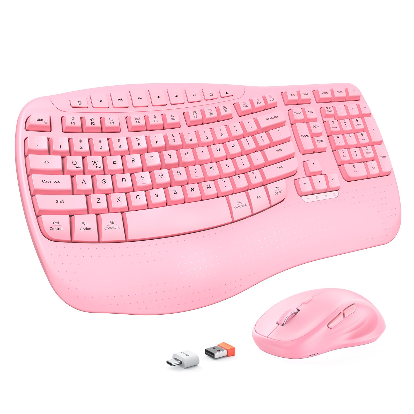 MEETION Wave Ergonomic Keyboard and Mouse Combo with Wrist Rest, Pink