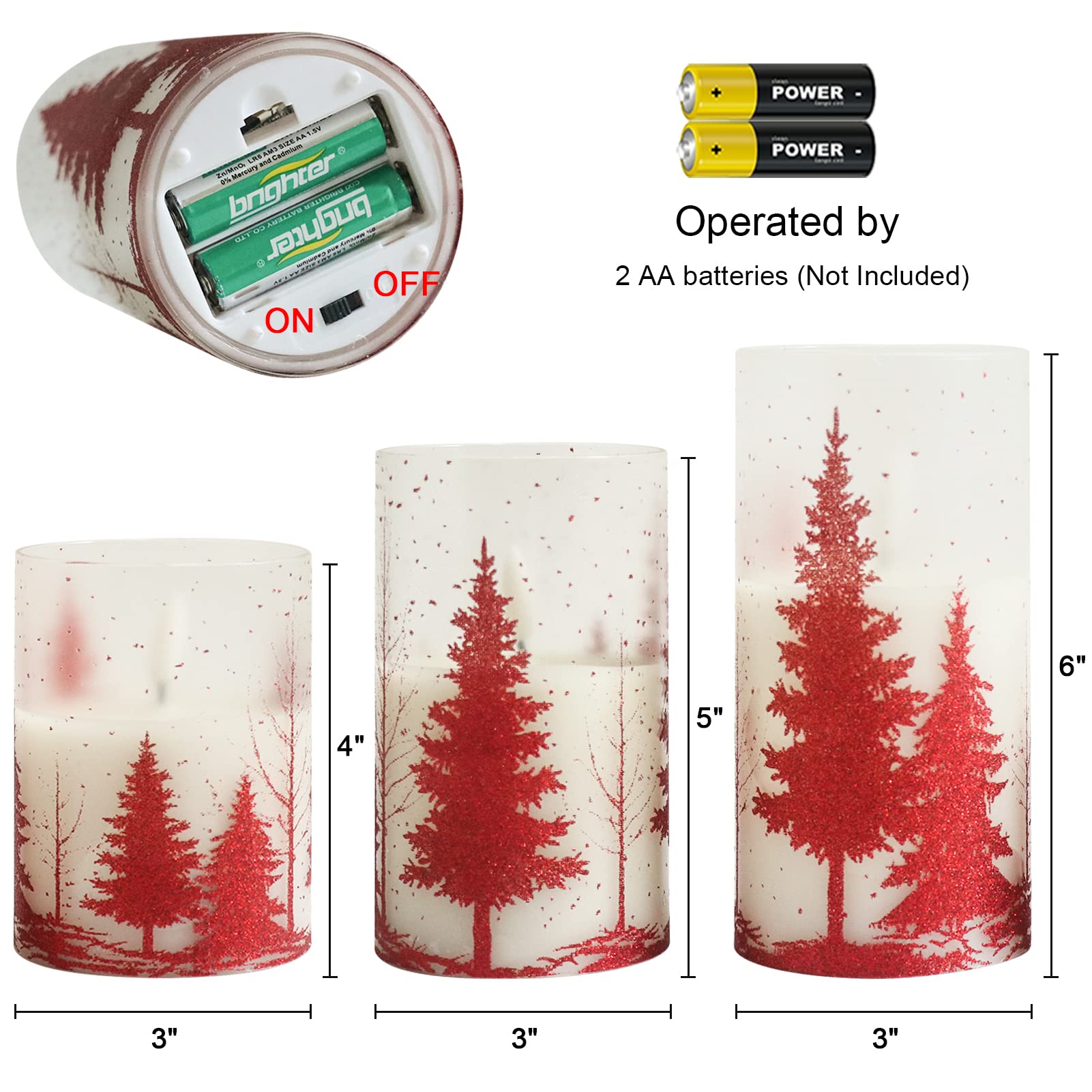 Wondise Glass Flameless Candles With Remote And Timer, Battery Operated Pine Tree Decals Pillar Candles For Home Decoration, Set