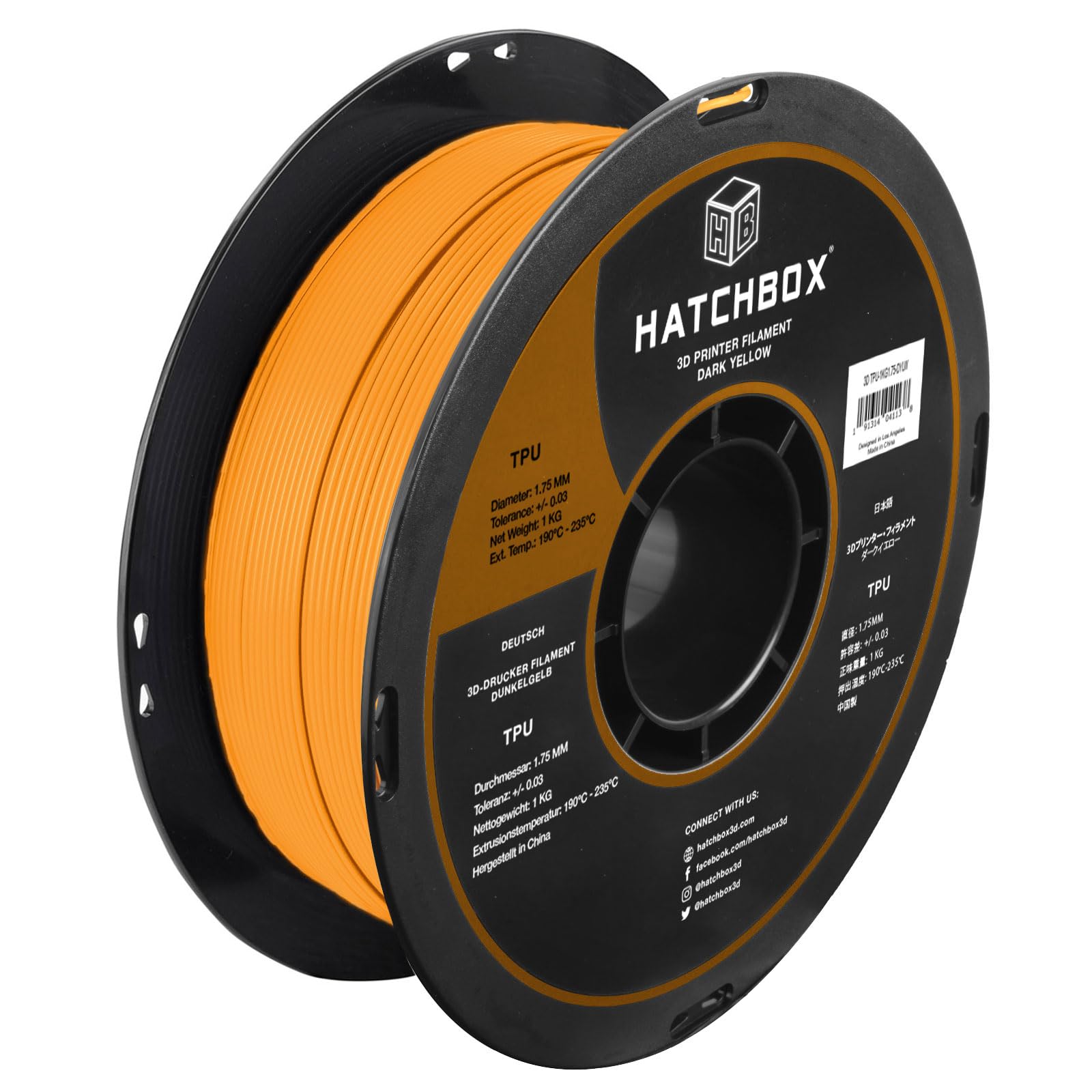 HATCHBOX 1.75mm Dark Yellow TPU 3D Printer Filament Shore 95A, 1 KG Spool, Dimensional Accuracy +/- 0.03 mm, 3D Printing Filamen