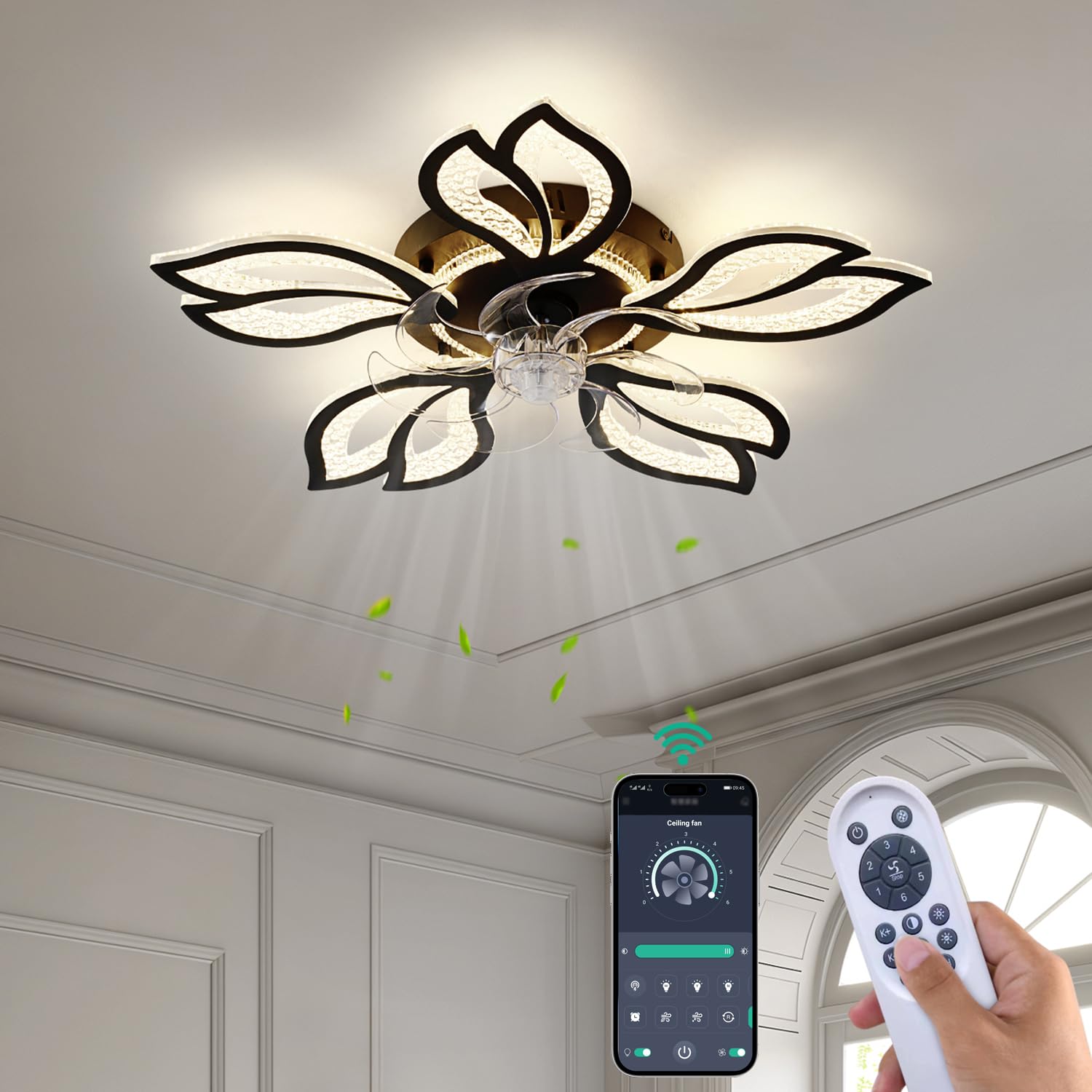 Yfrest Geometric Ceiling Fan With Light, Black, 26', 3000K 6000K, Remote Control, Low Profile, For Bedroom
