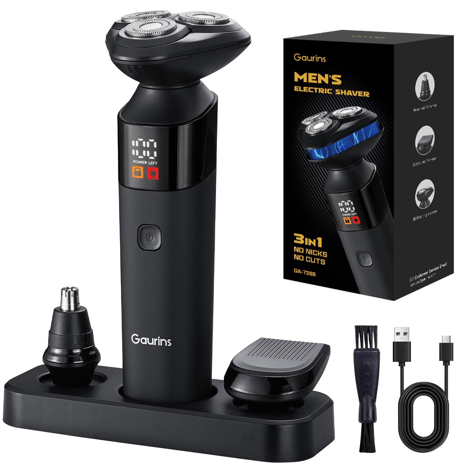 Electric Razor for Men,3 in 1 Mens Rotary Shavers with Charging Stand, IPX7 Waterproof Hygiene Trimmer for Beard/Nose/Sideburns