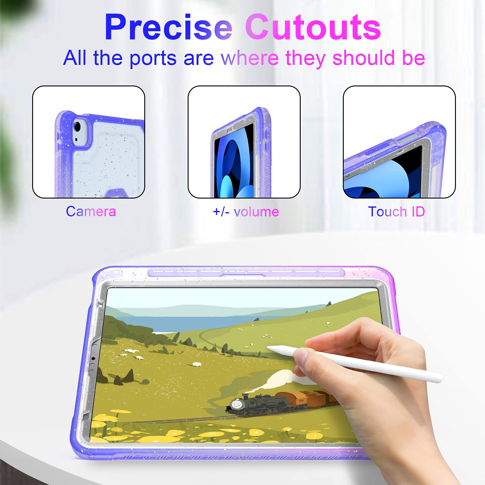 Zonefoker Ipad Air 5/4 Case, Pro 11 Case   Cute Glitter Blue To Purple 10.9 Inch 2020/2022 Cover With Pencil Holder/Stand