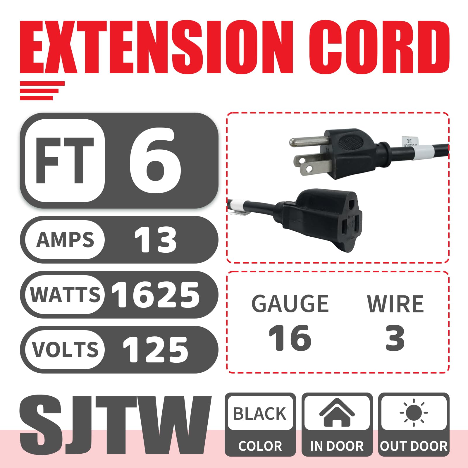 Ep 2 Pack 6Ft Black Outdoor Extension Cord, 16/3 Sjtw Heavy Duty Waterproof, 3 Prong Grounded Plug, 13A 1625W 16Awg, Cold Resist