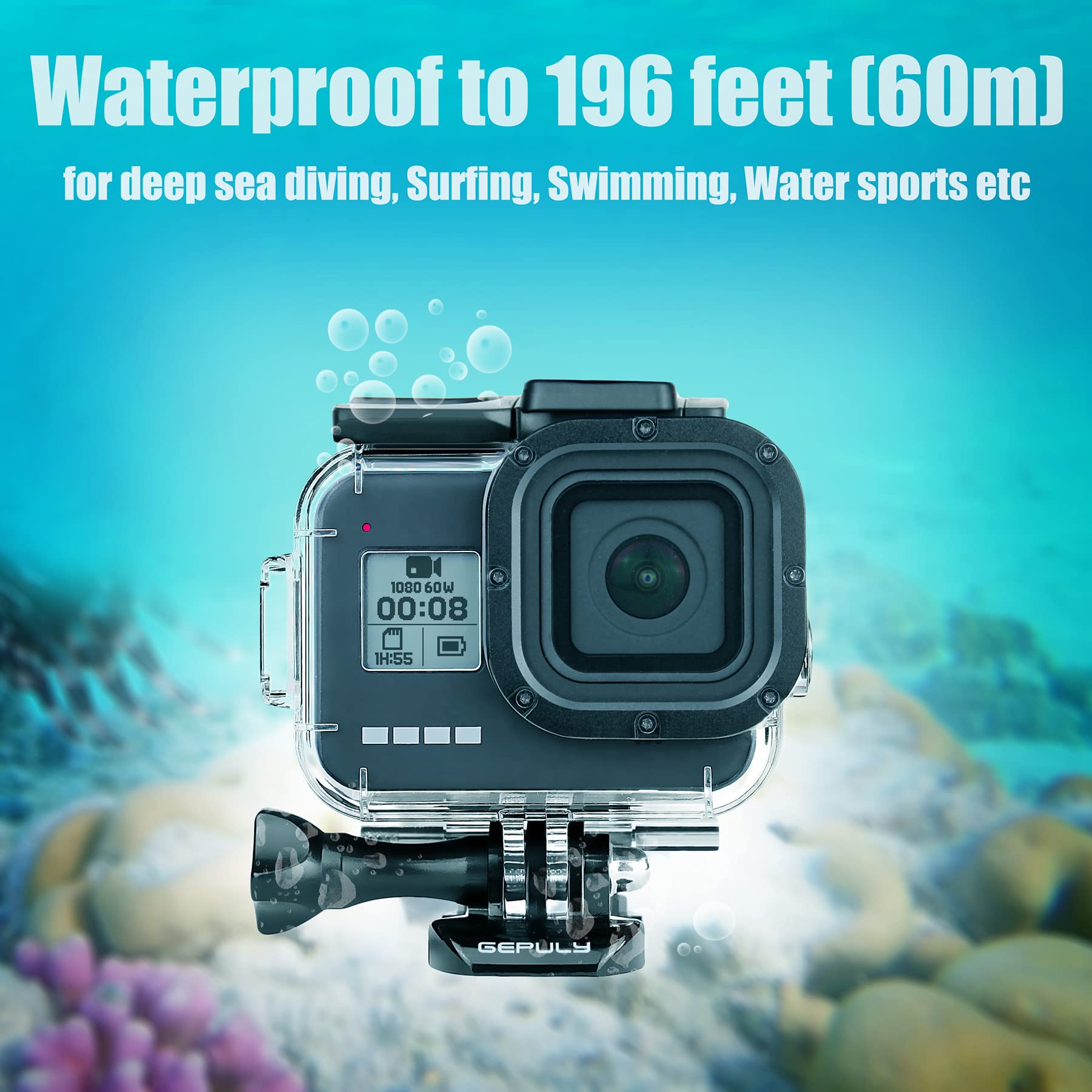 Gepuly 60M(196Ft) Waterproof Housing Case For Gopro Hero 8 Black,Protective Underwater Diving Housing Shell With 2 Cold Shoe Ada