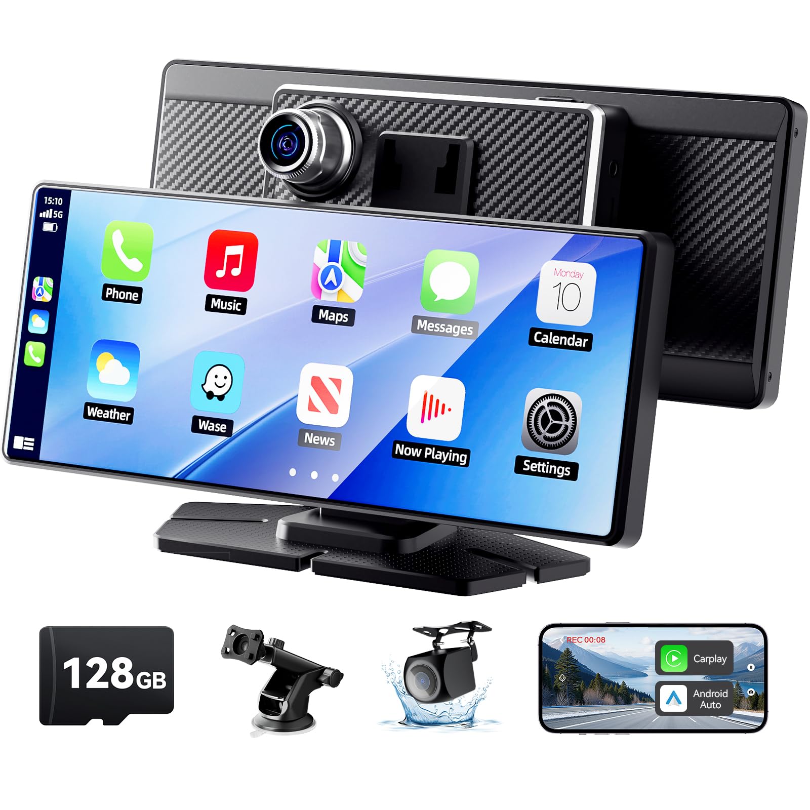 TERUNSOUl Carplay Screen for Car, 8.1 HD Portable Touch Screen Car Stereo with Android Auto, 4K Dash Cam, 1080P Backup Camera, G