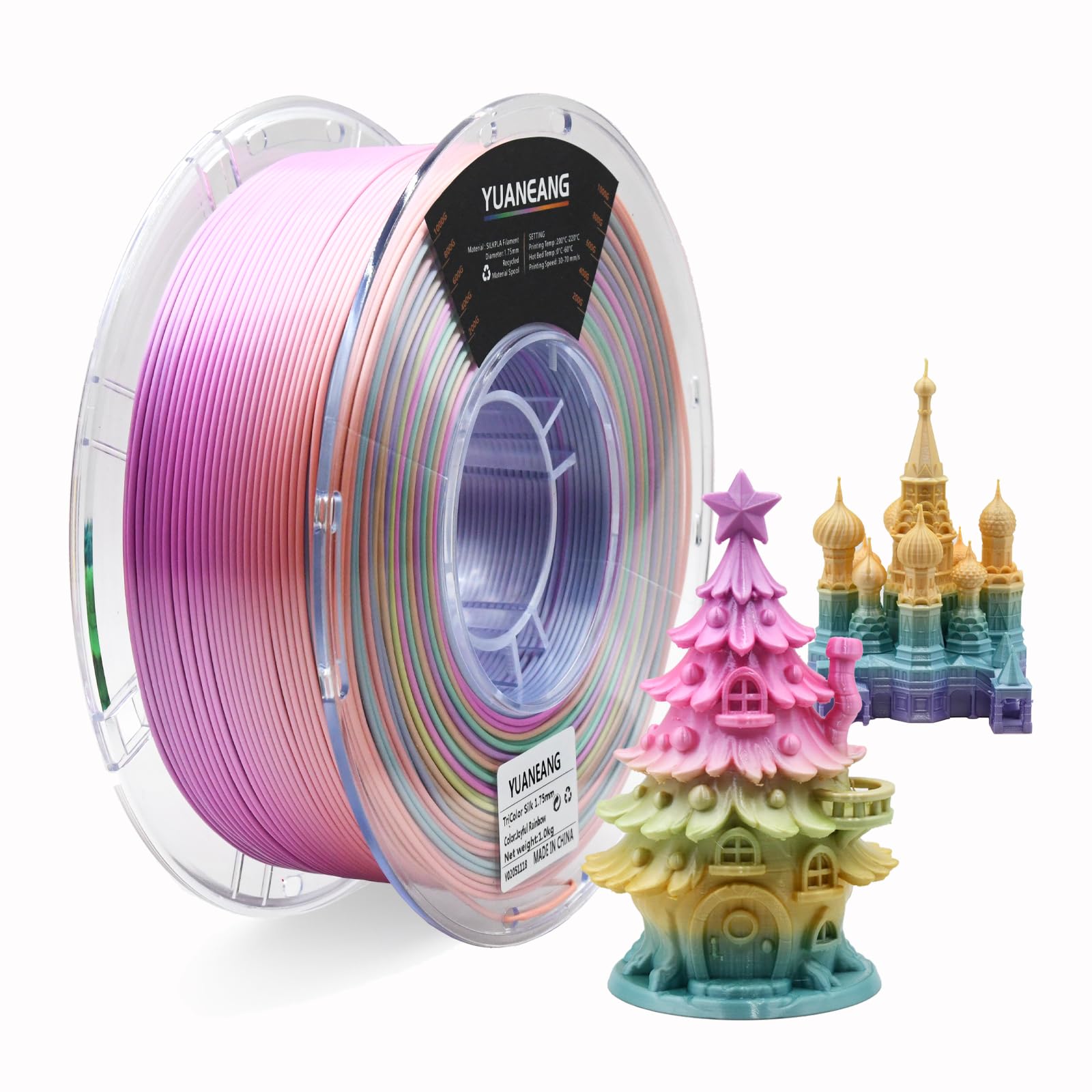 YUANEANG Happy Rainbow PLA 3D Printer Filament 1.75mm, 1kg Spool, Multi-Color Gradient with Smooth Color Transitions, 0.03mm Pre