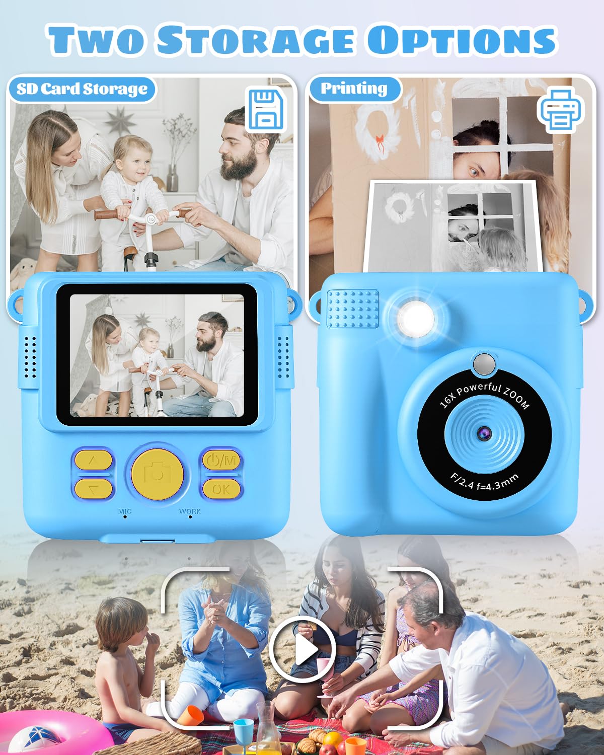 Weefun Kids Camera  Instant Print Camera 1080P 2.4 Inch Screen Digital Children Video Camcorder Camera With 16X Digital Zoom, 32