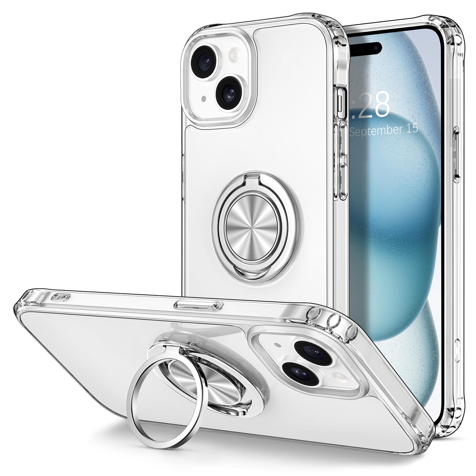 Hython Clear For Iphone 15 Plus Case With Ring Stand [360 Rotatable Ring Holder Magnetic Kickstand] [Support Car Mount] Transpar
