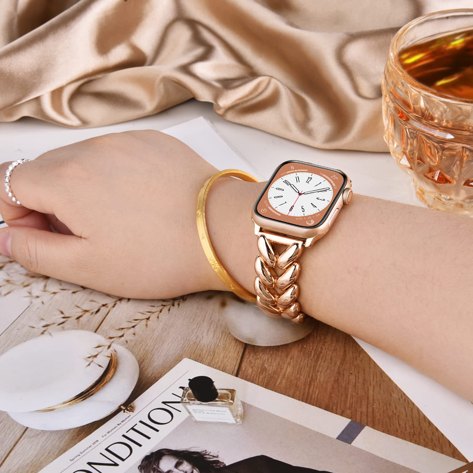 Visoom Rose Gold Bracelet Compatible For Series 8 Apple Watch Band 41Mm/40Mm/38Mm Series 7/Se Women Dressy Luxury Wristband Jewe